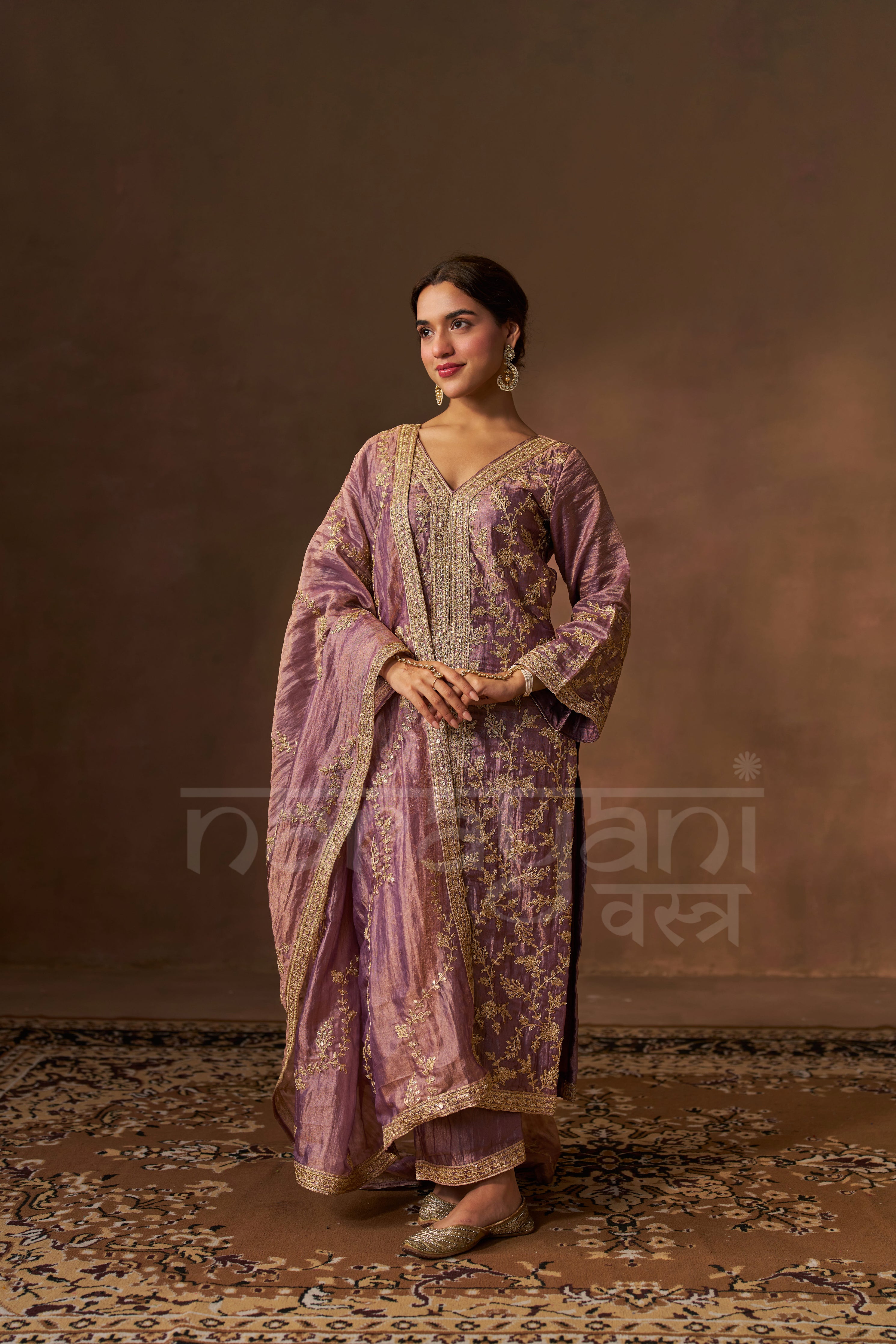 Nagma Mirajkar in RAINA - Antique Mauve Tissue-Organza Suit Set