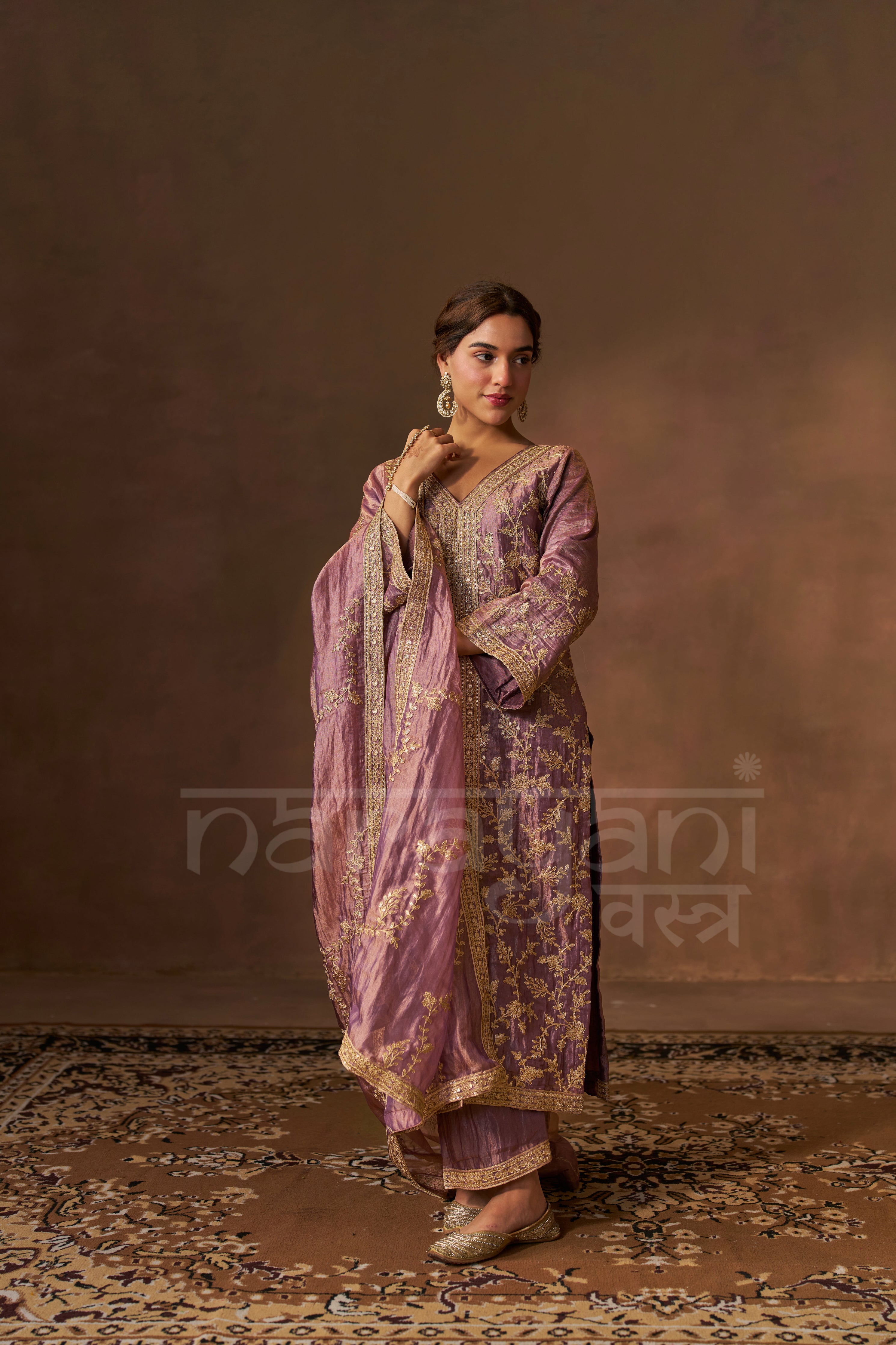 Nagma Mirajkar in RAINA - Antique Mauve Tissue-Organza Suit Set