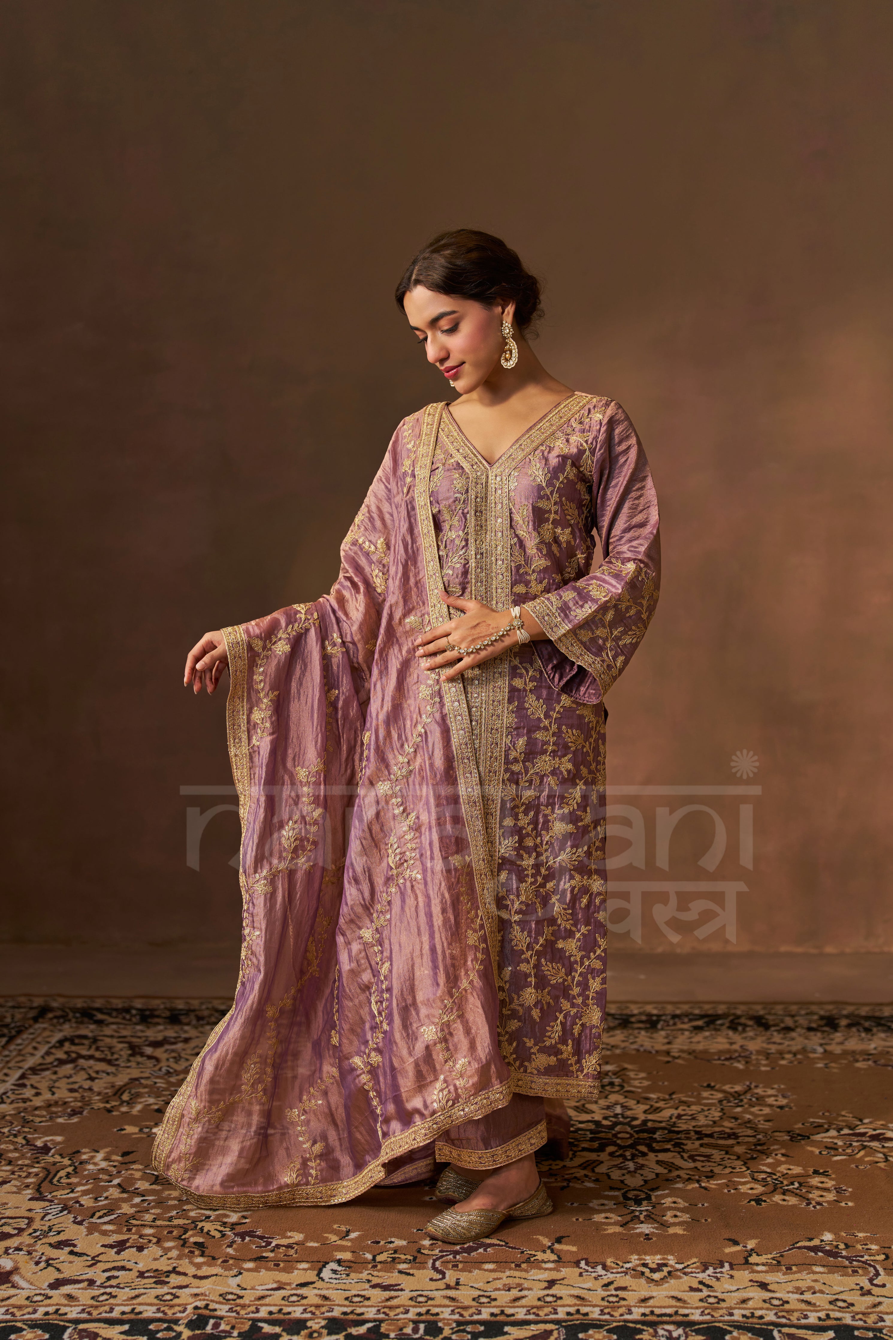 Nagma Mirajkar in RAINA - Antique Mauve Tissue-Organza Suit Set