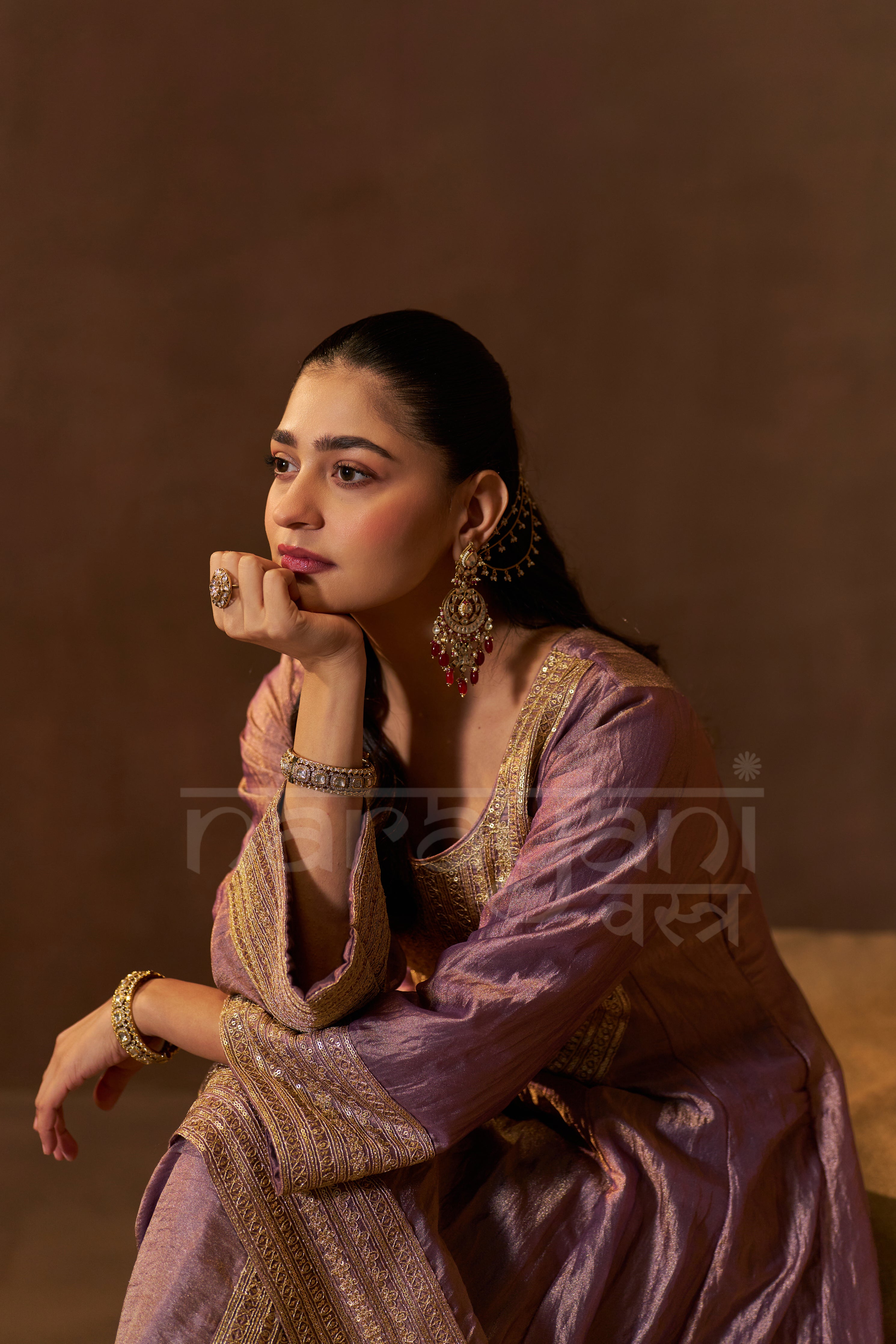 ZAREEN - Antique Mauve Tissue-Organza Anarkali Set.