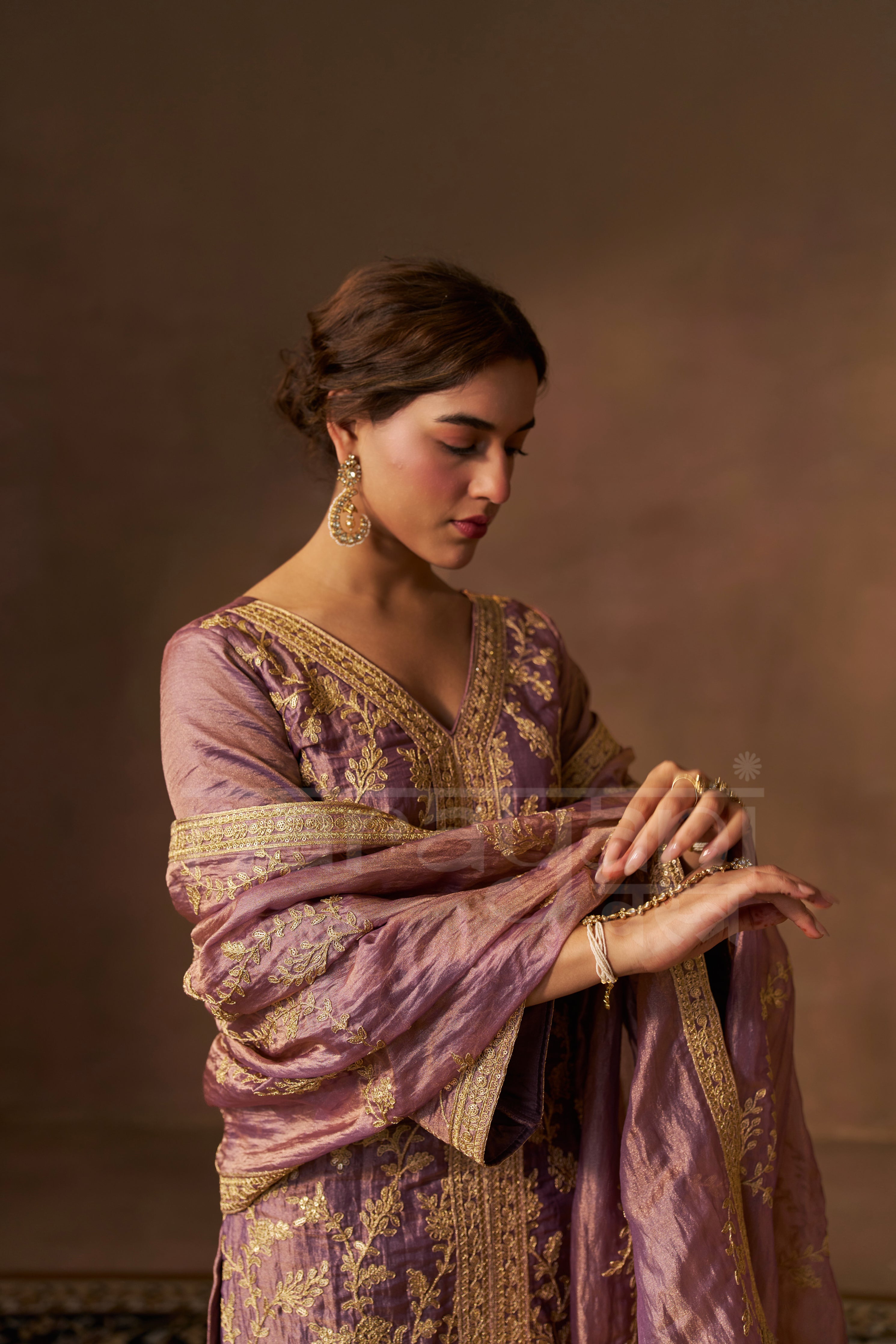 Nagma Mirajkar in RAINA - Antique Mauve Tissue-Organza Suit Set