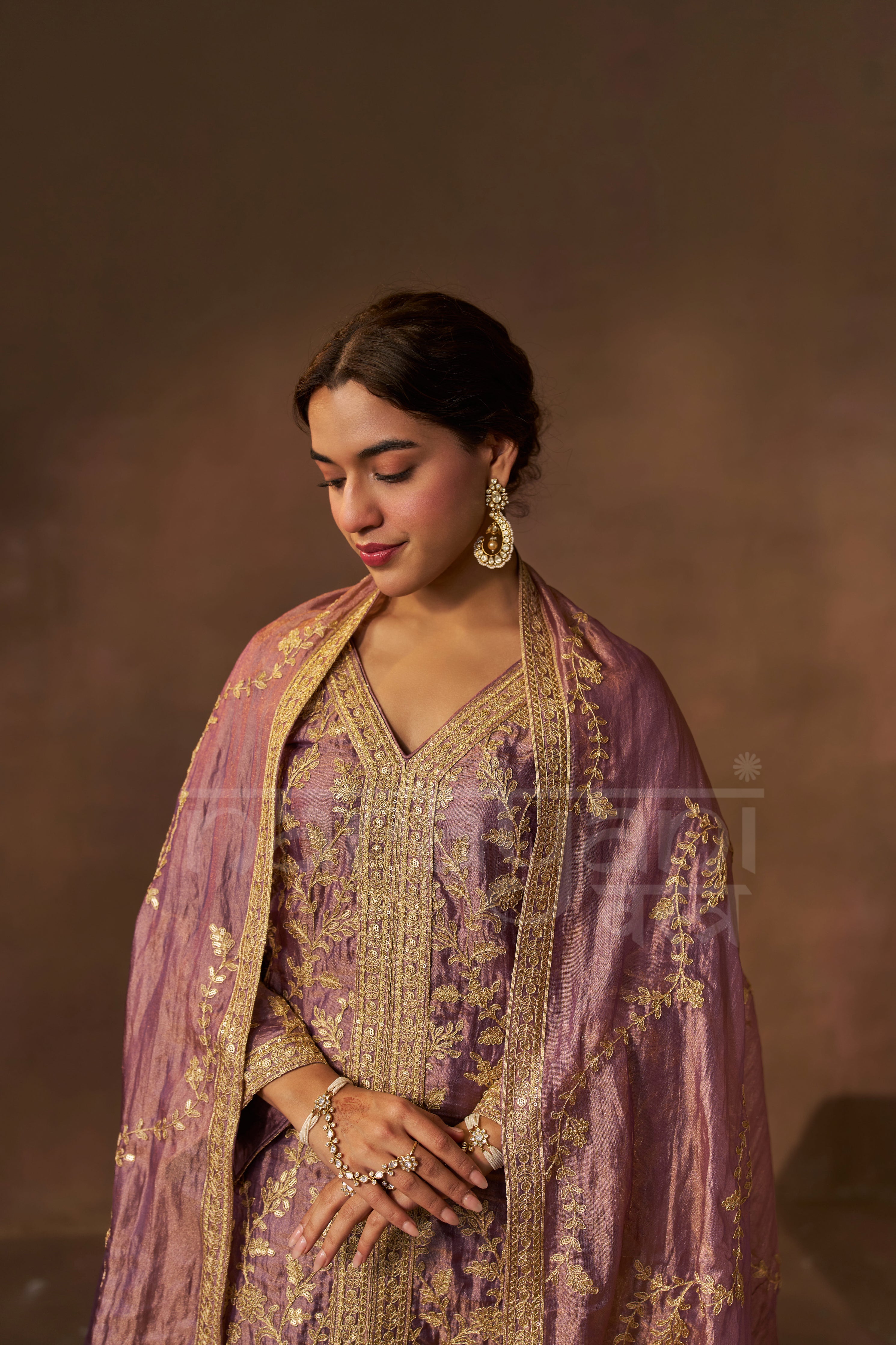Nagma Mirajkar in RAINA - Antique Mauve Tissue-Organza Suit Set