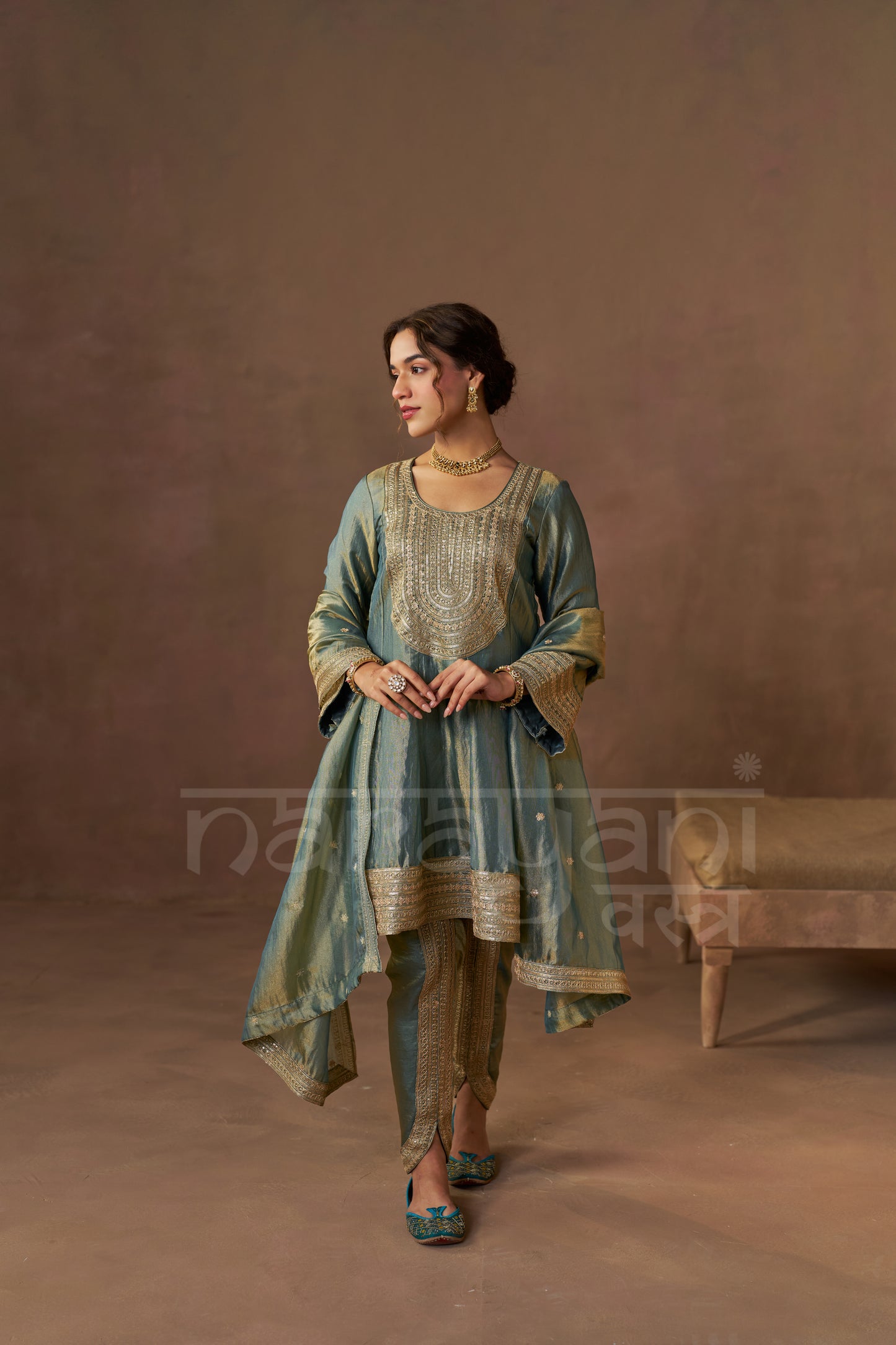 ZIA - Sage Blue Tissue-Organza Anarkali Set