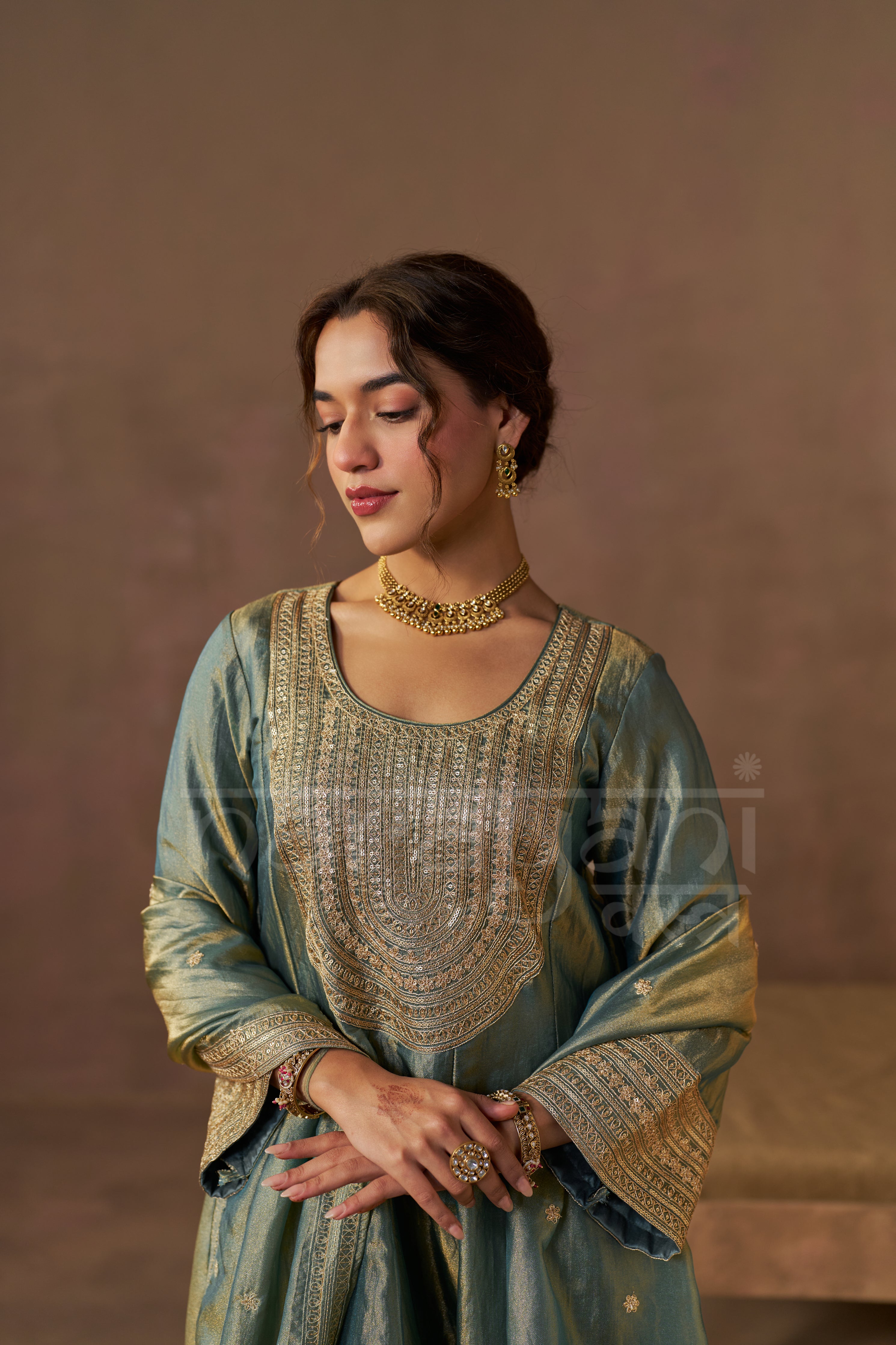 ZIA - Sage Blue Tissue-Organza Anarkali Set