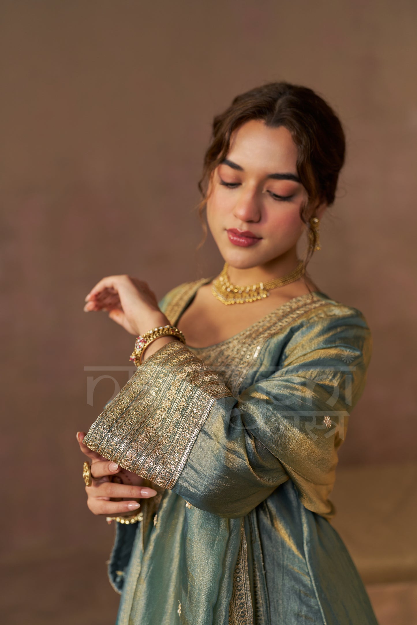 ZIA - Sage Blue Tissue-Organza Anarkali Set