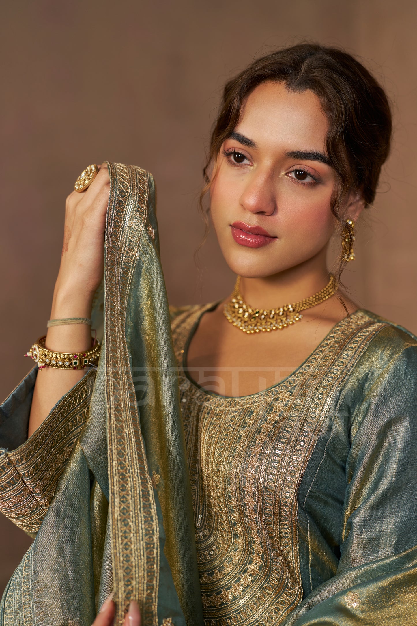 ZIA - Sage Blue Tissue-Organza Anarkali Set