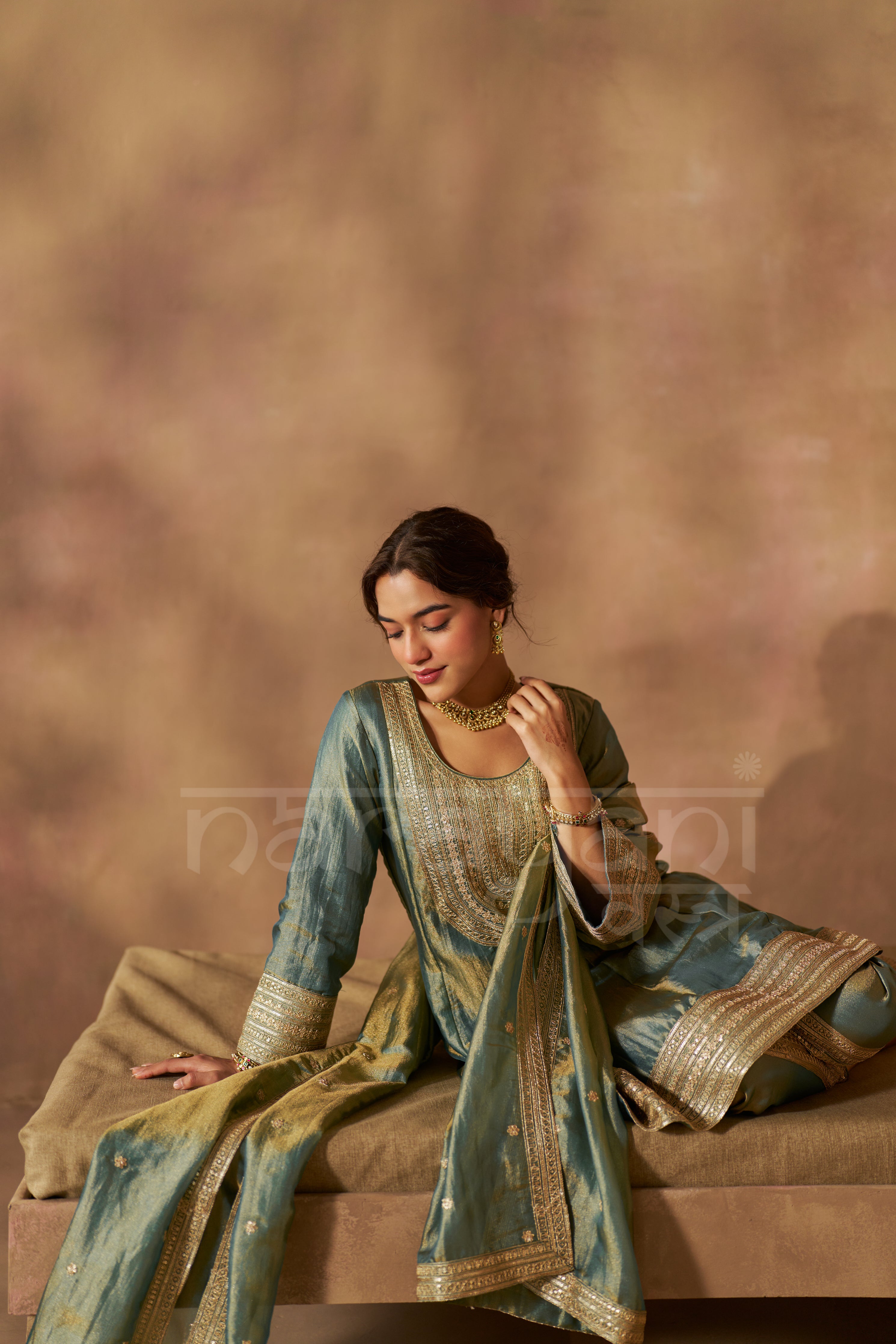 ZIA - Sage Blue Tissue-Organza Anarkali Set