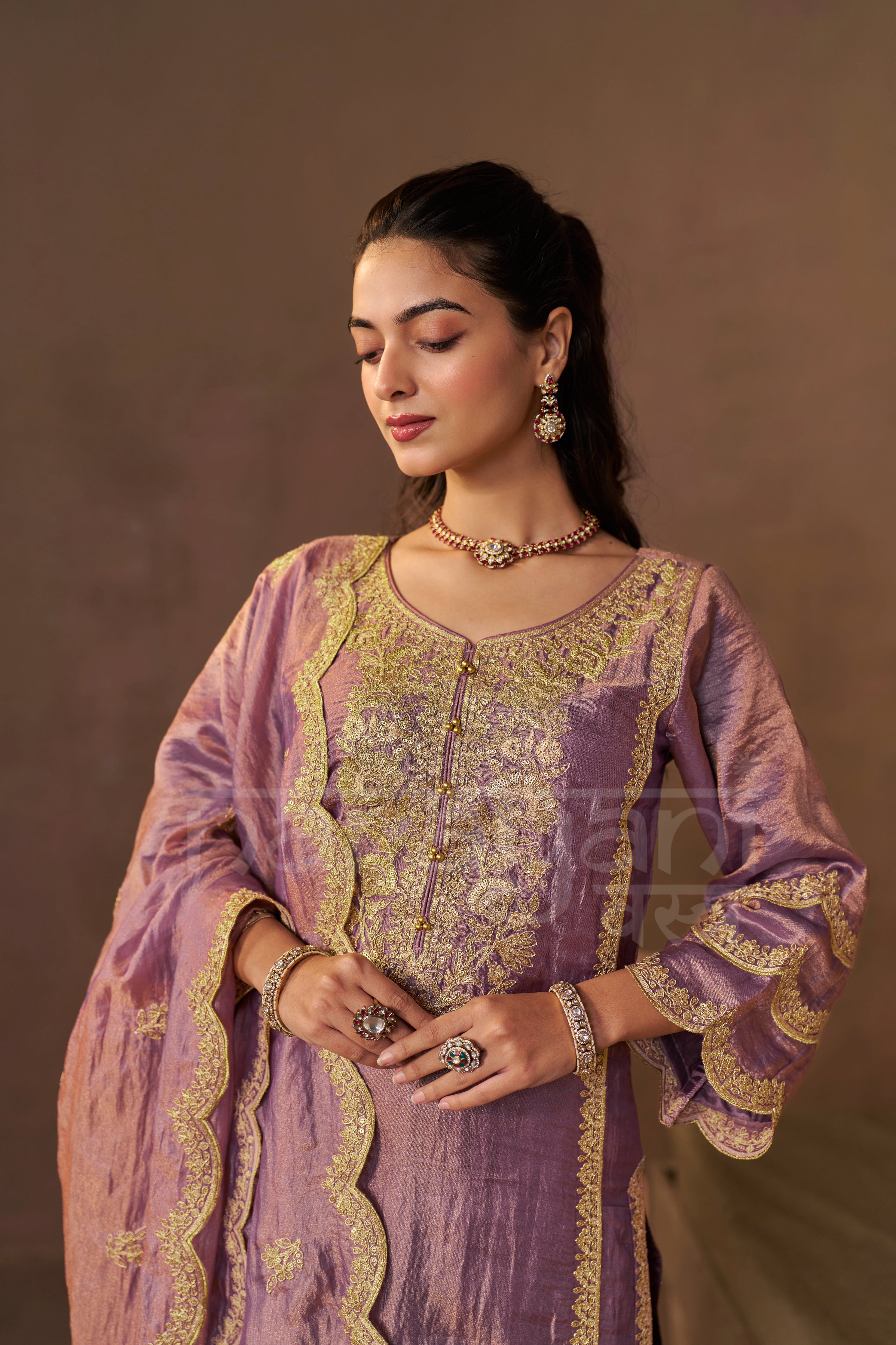 SABA - Antique Mauve Tissue-Organza Suit Set