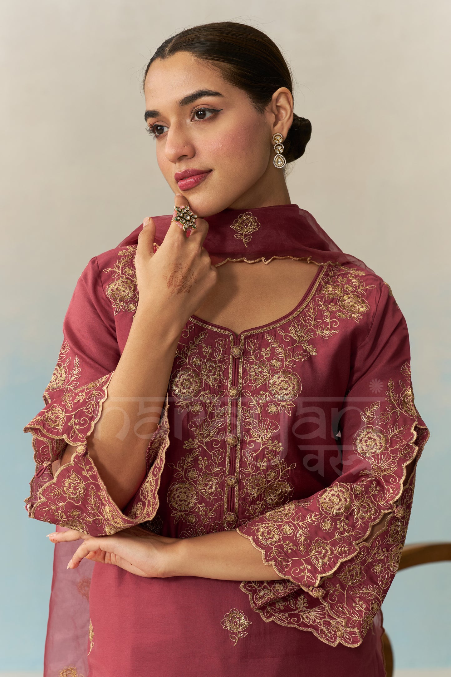 ZIVA - Burgundy Chanderi Suit Set