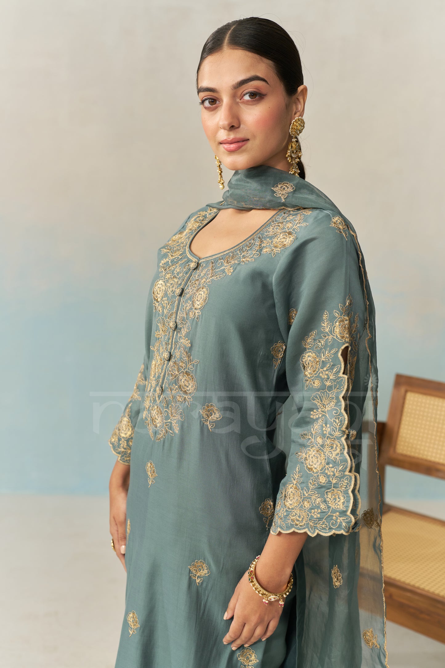 LAYA - Teal Blue Chanderi Suit Set