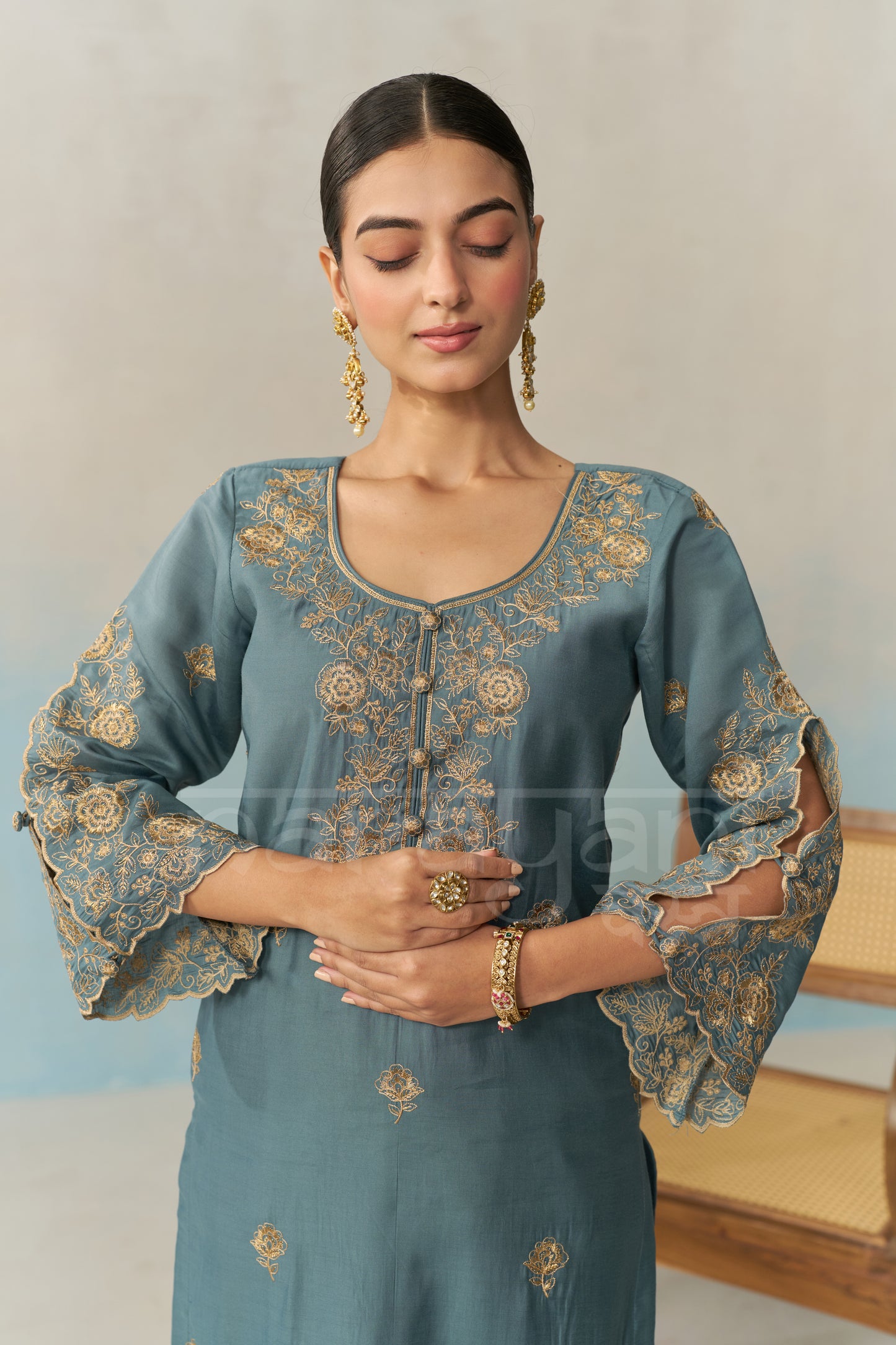 LAYA - Teal Blue Chanderi Suit Set