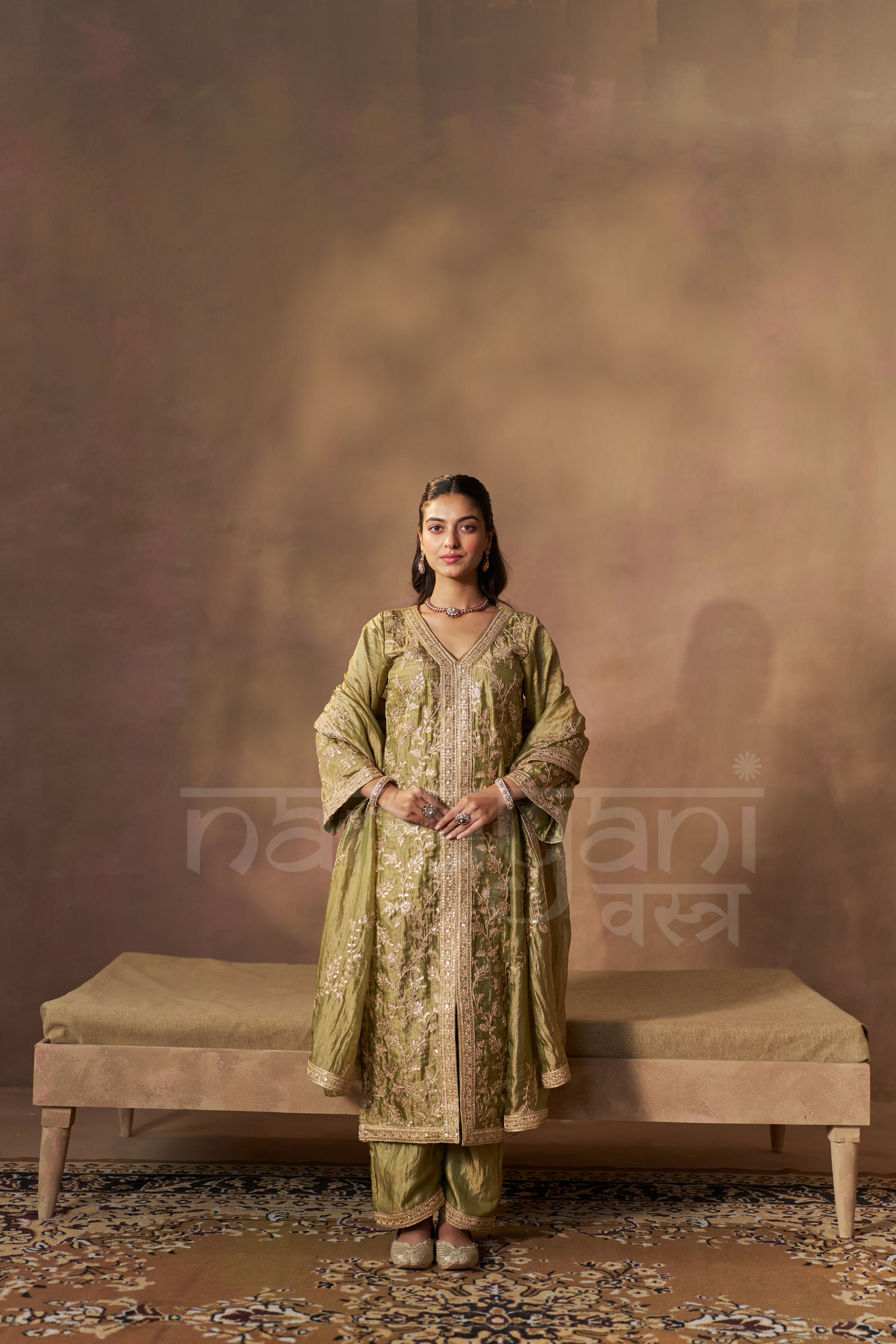 MEHRIN - Olive Green Tissue-Organza Suit Set