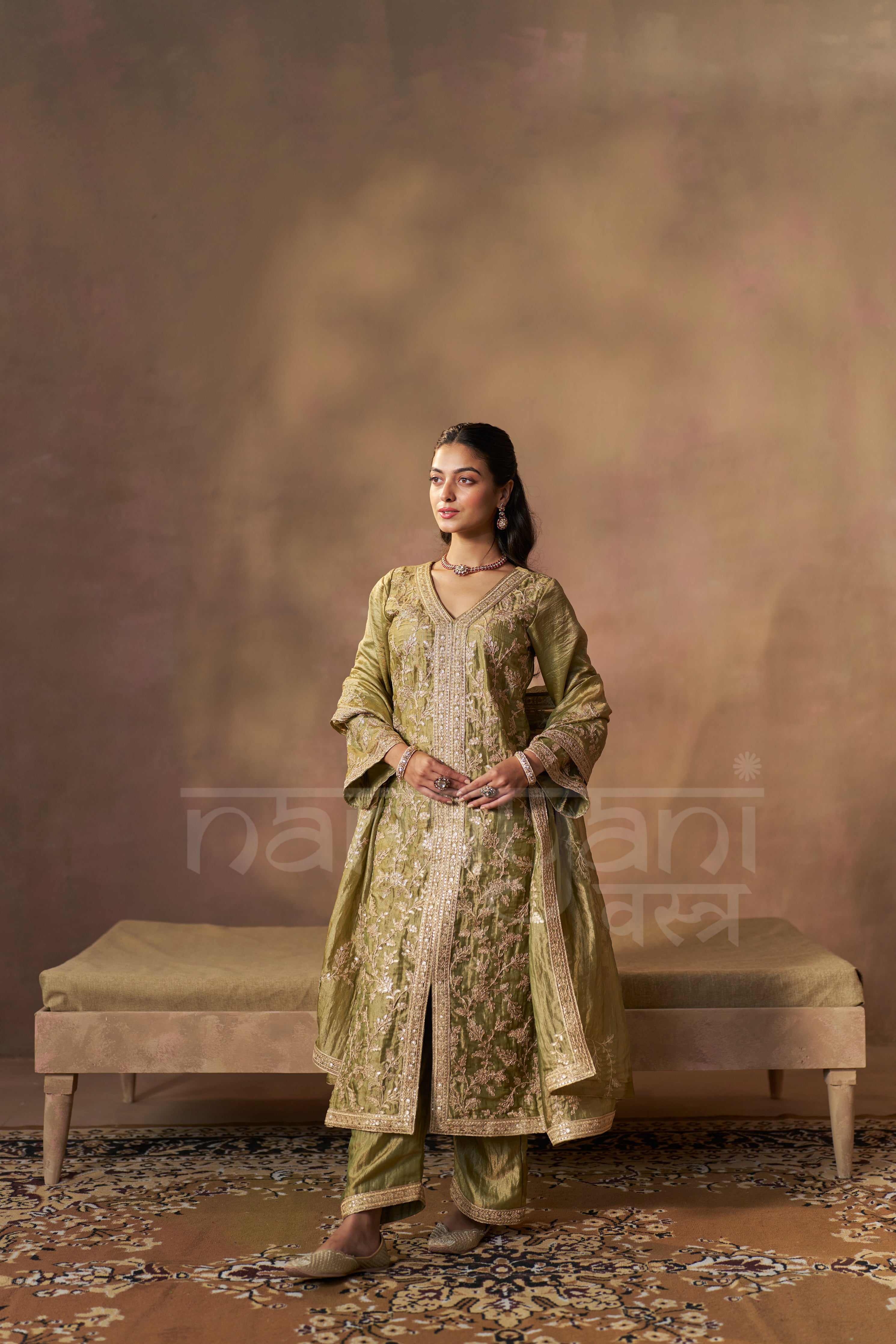 MEHRIN - Olive Green Tissue-Organza Suit Set