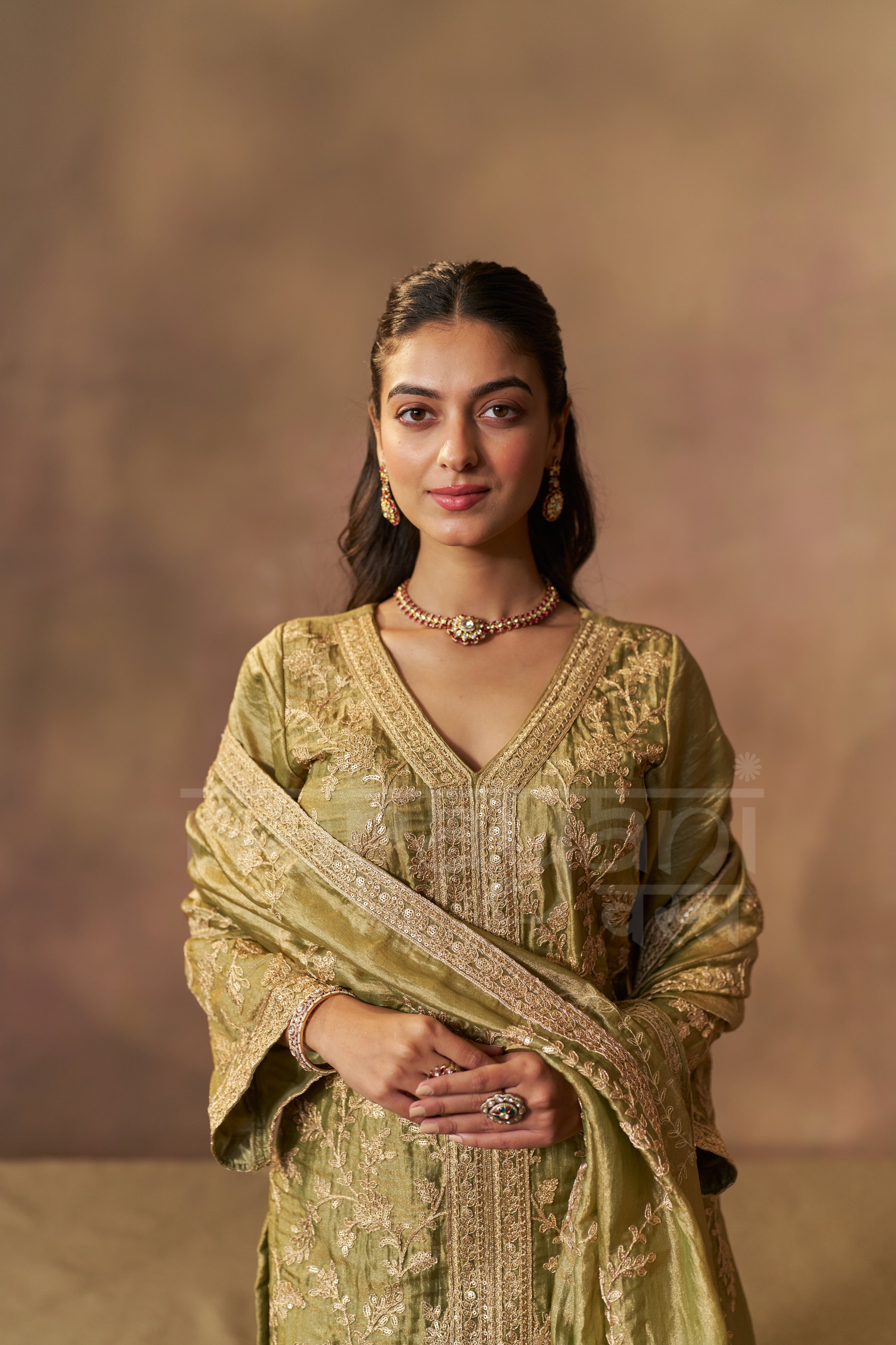 MEHRIN - Olive Green Tissue-Organza Suit Set