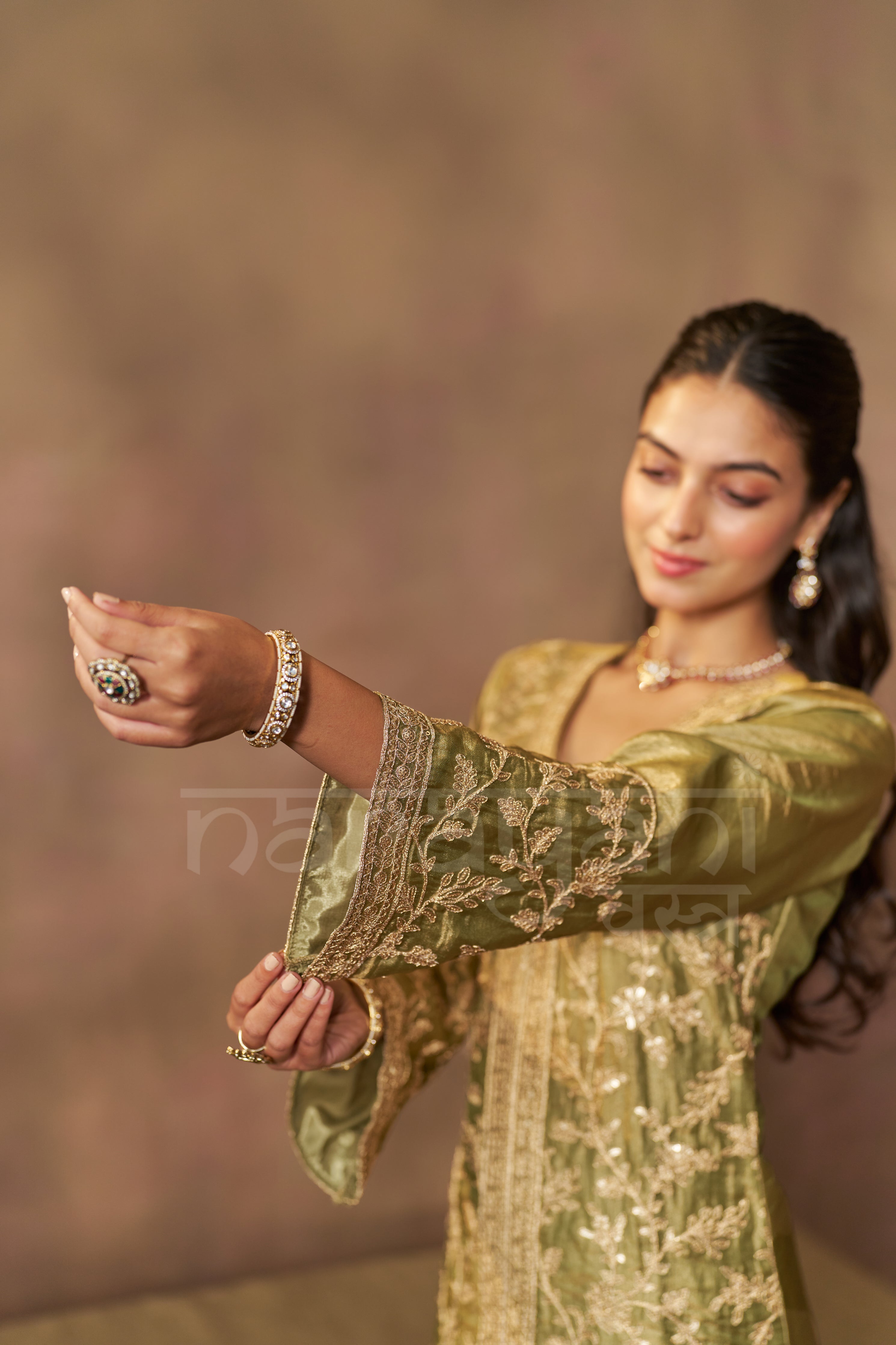 MEHRIN - Olive Green Tissue-Organza Suit Set