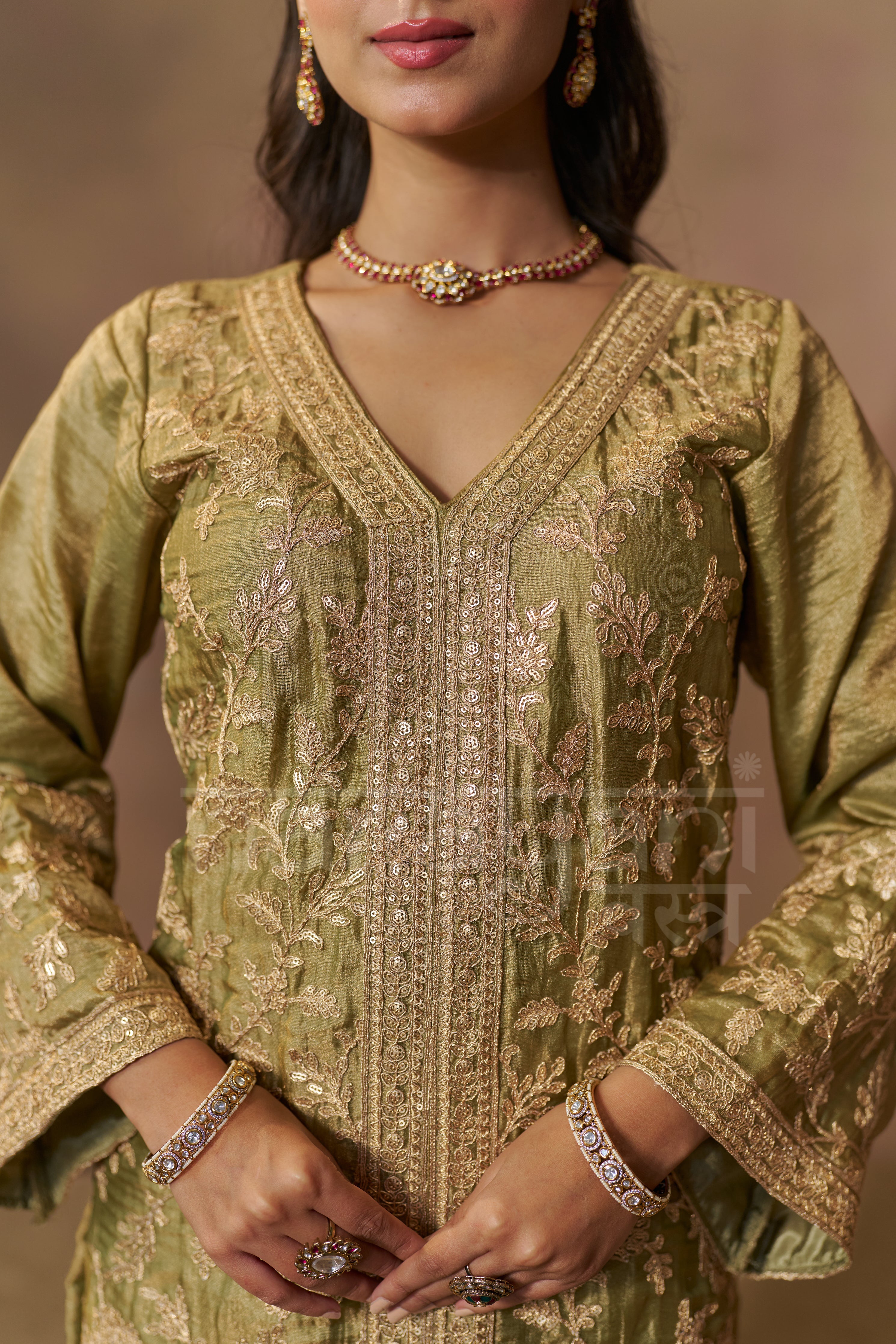 MEHRIN - Olive Green Tissue-Organza Suit Set