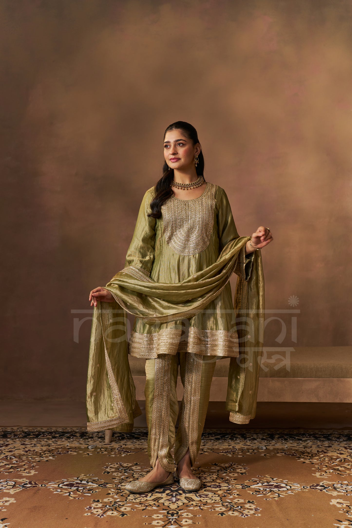 ITRA - Olive Green Tissue-Organza Anarkali Set