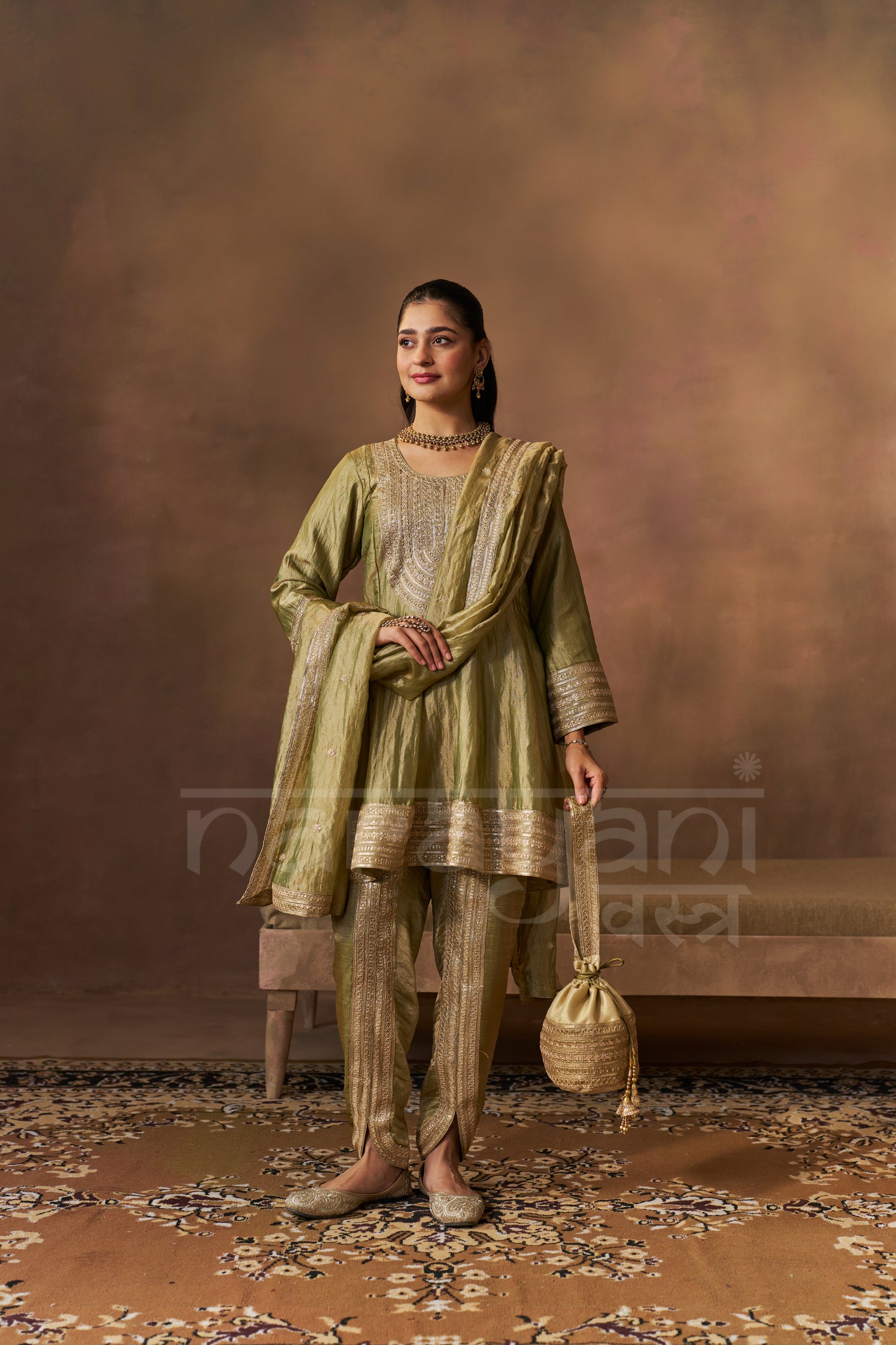 ITRA - Olive Green Tissue-Organza Anarkali Set
