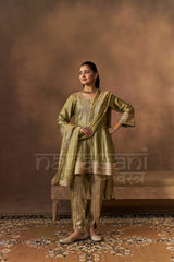 ITRA - Olive Green Tissue-Organza Anarkali Set