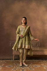 ITRA - Olive Green Tissue-Organza Anarkali Set