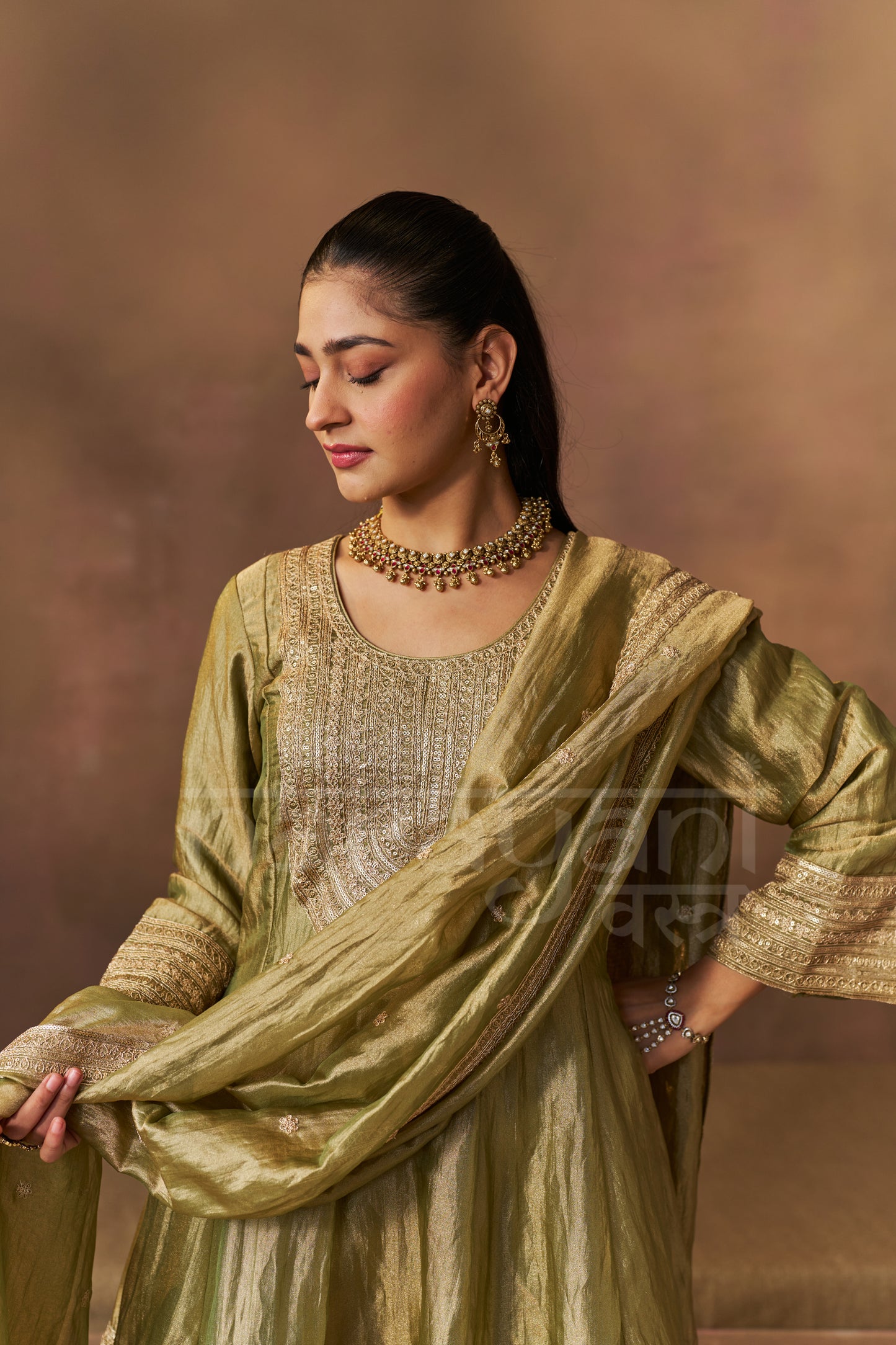ITRA - Olive Green Tissue-Organza Anarkali Set