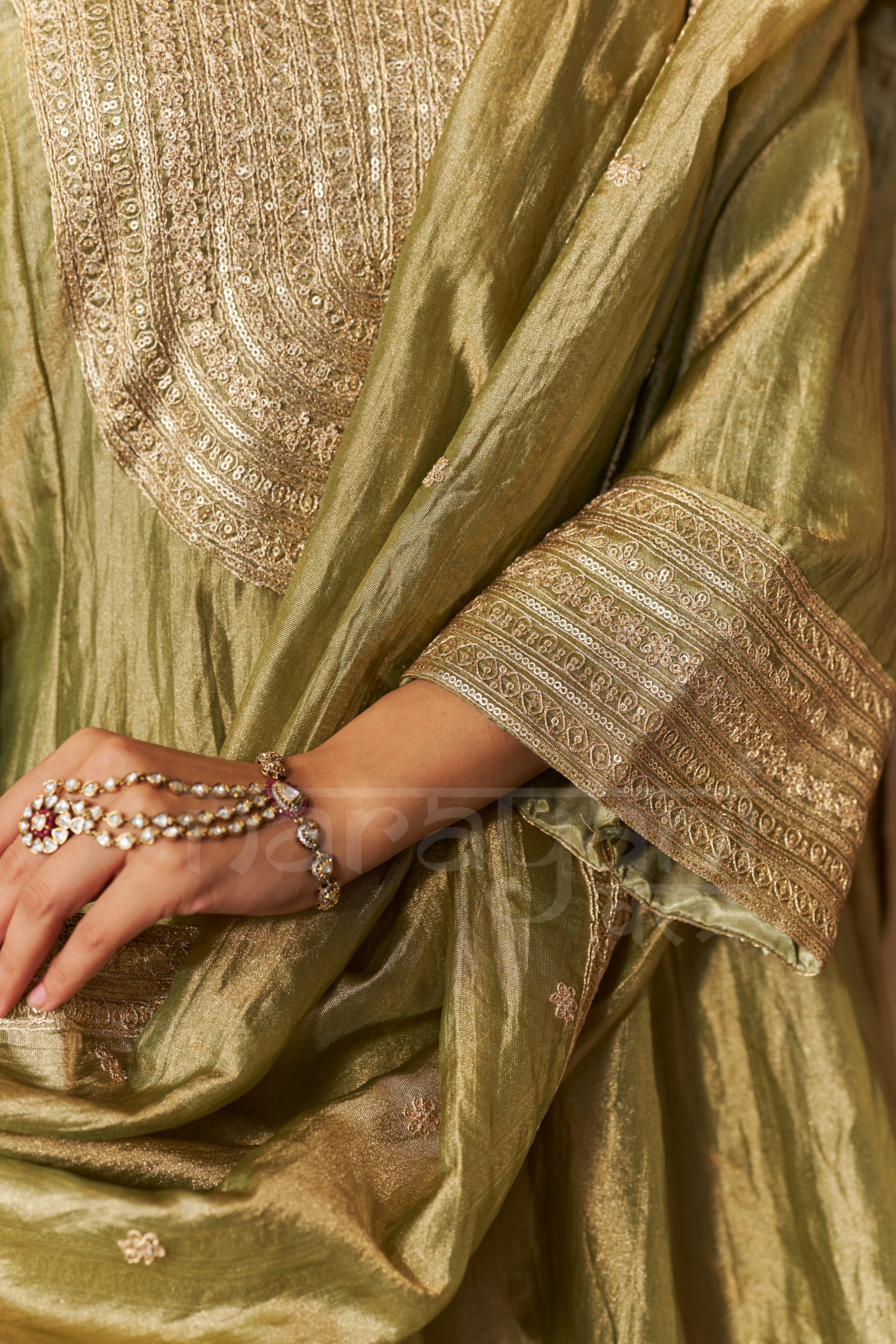 ITRA - Olive Green Tissue-Organza Anarkali Set