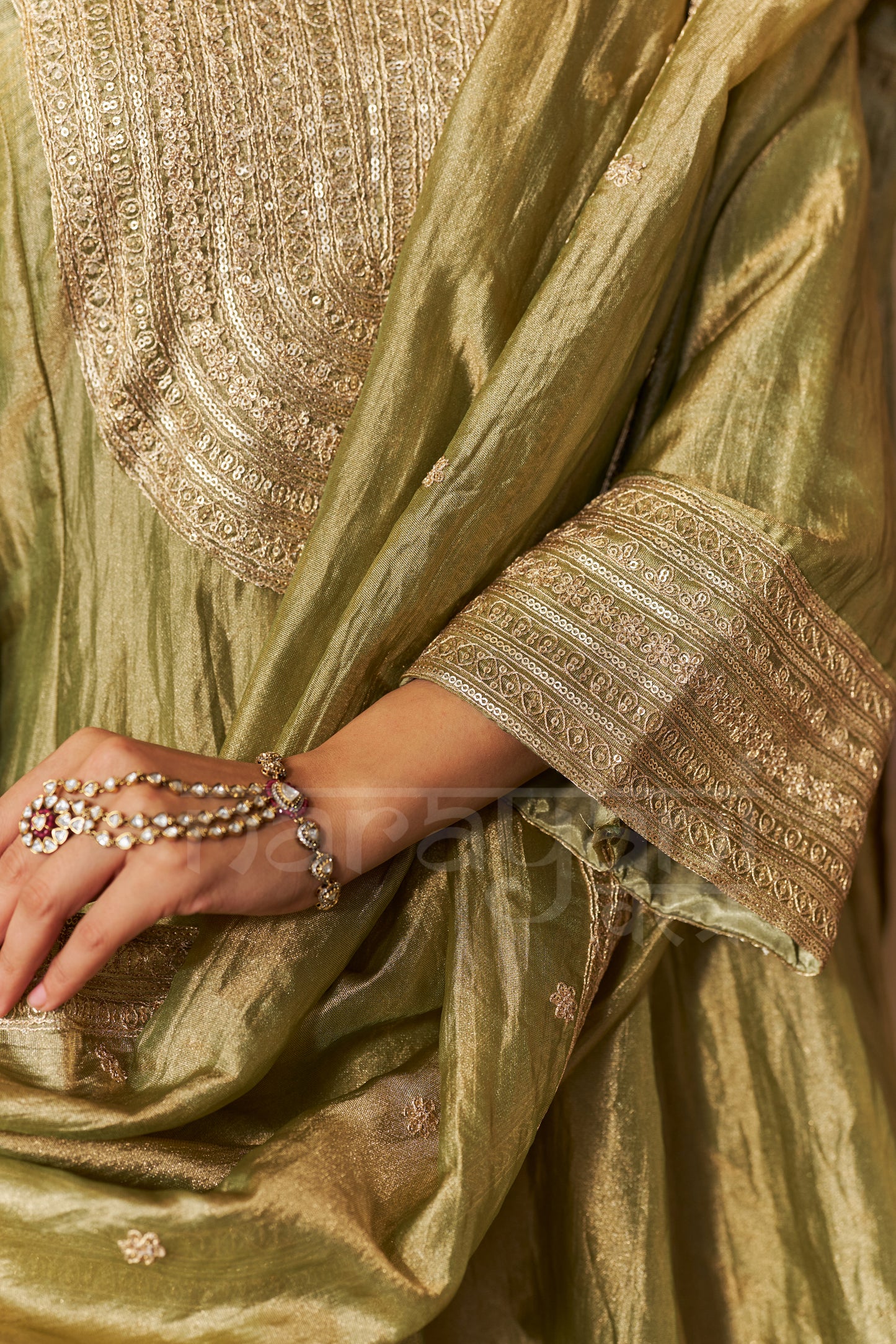 ITRA - Olive Green Tissue-Organza Anarkali Set