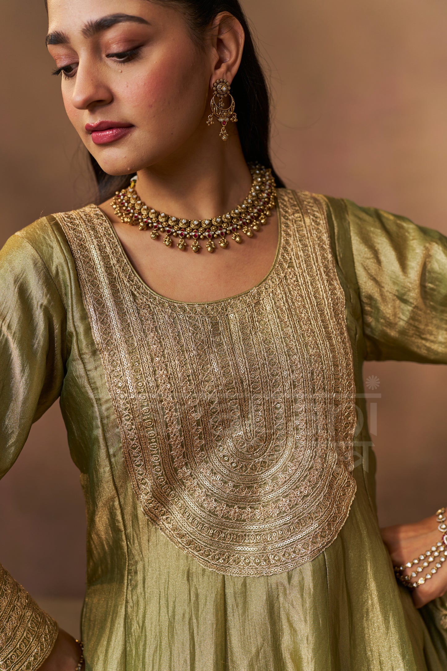 ITRA - Olive Green Tissue-Organza Anarkali Set