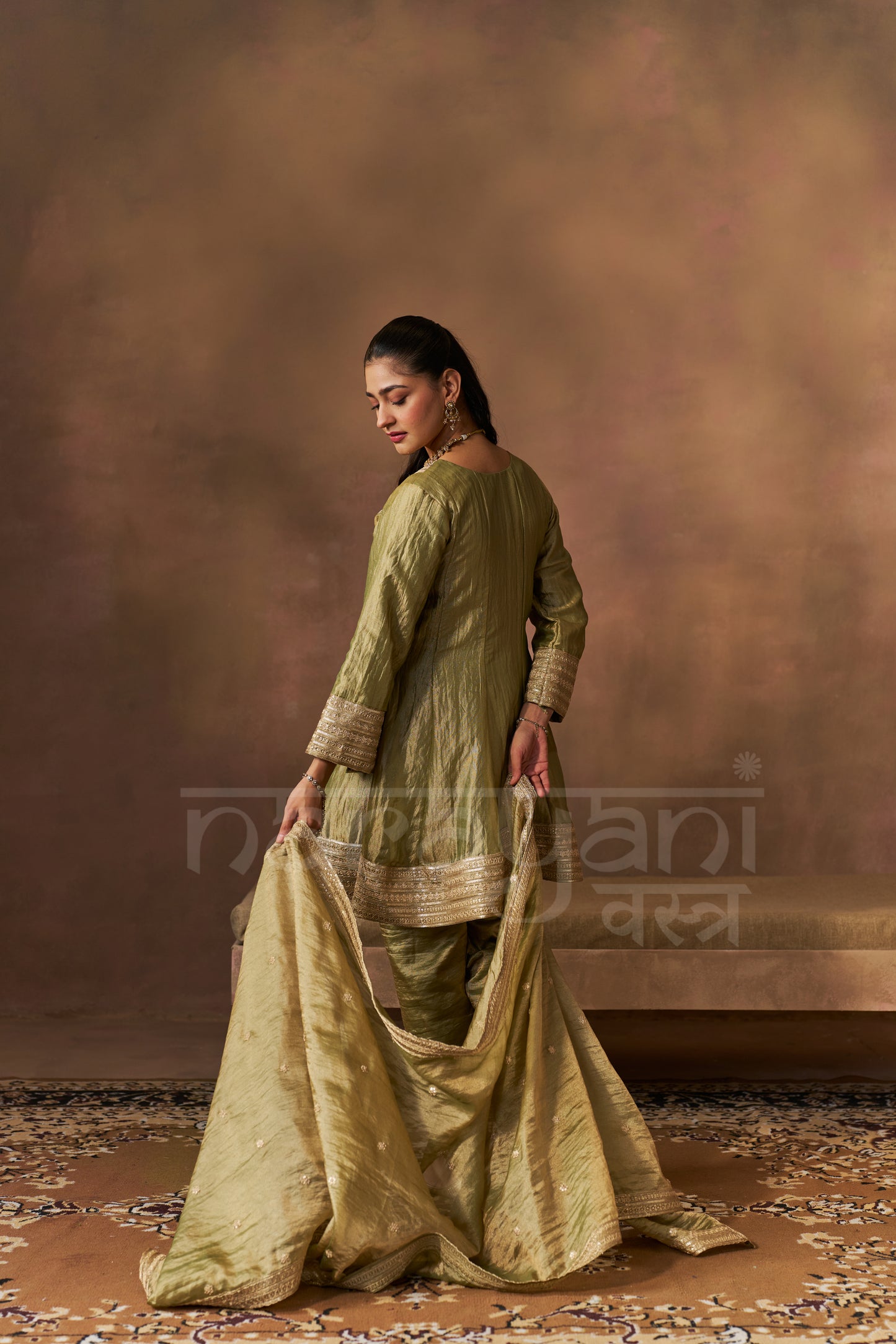ITRA - Olive Green Tissue-Organza Anarkali Set