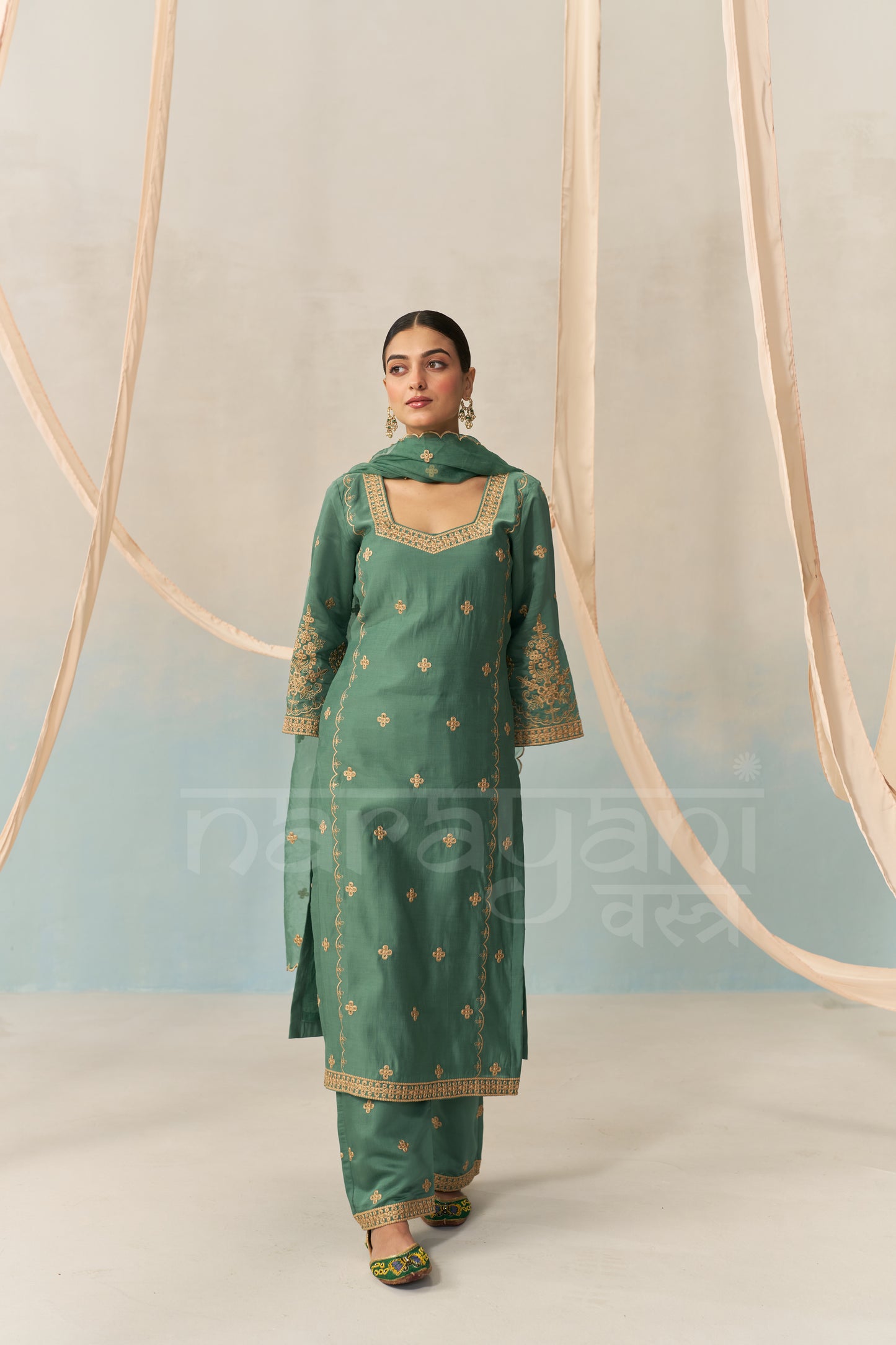 REYA - Emerald Green Chanderi Suit Set