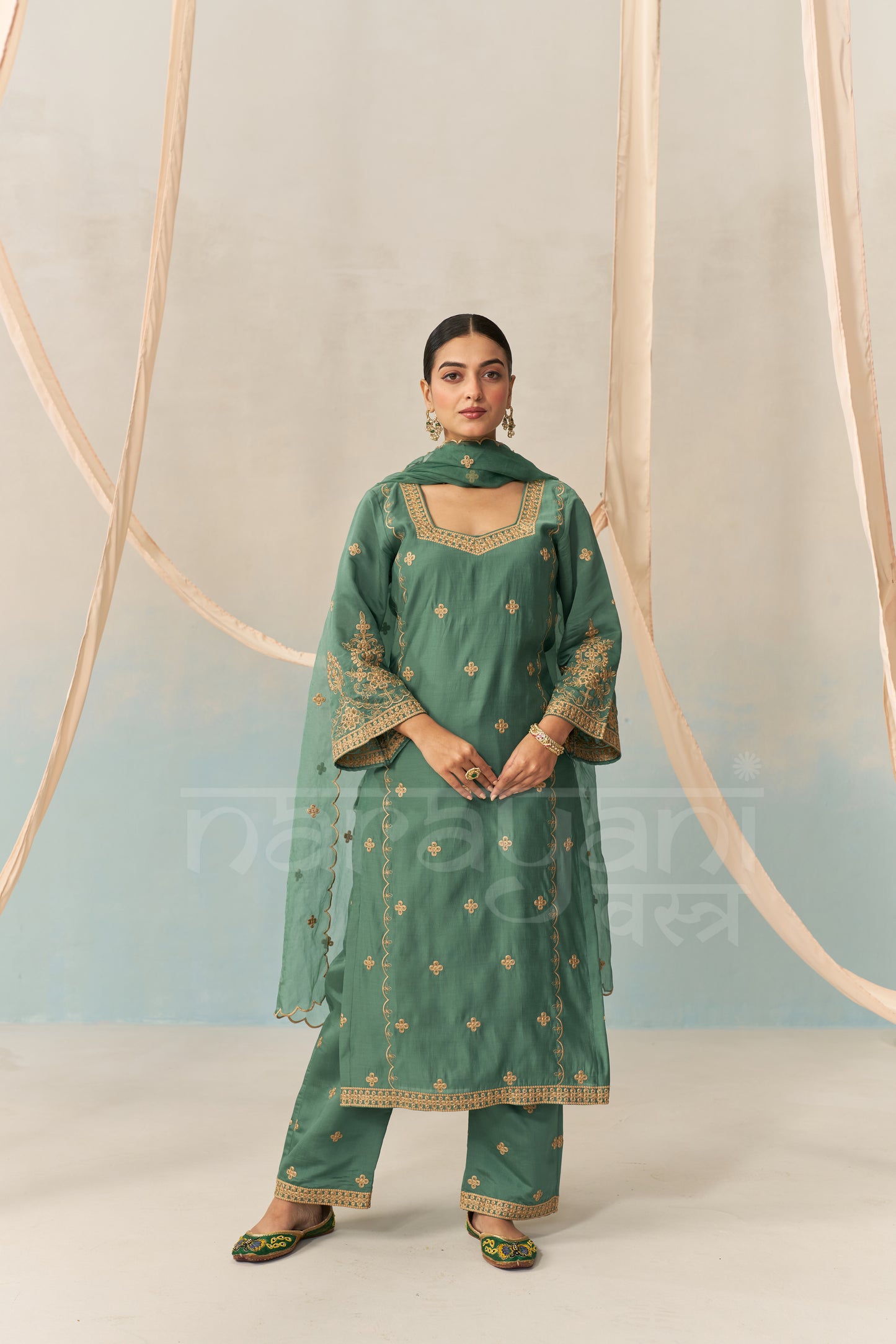 REYA - Emerald Green Chanderi Suit Set