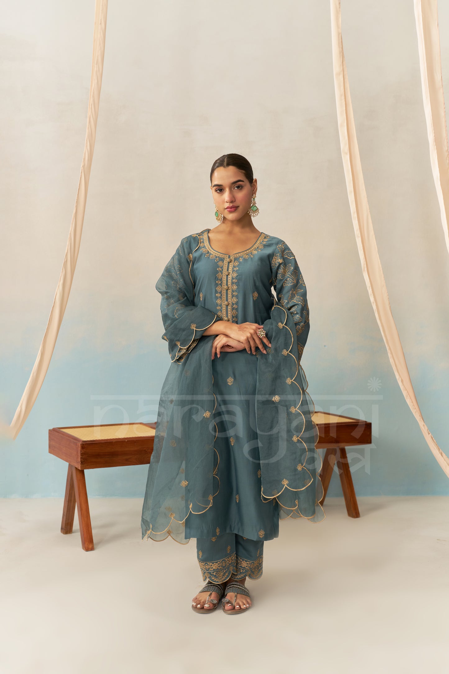 FARHIA - Teal Blue Chanderi Suit Set