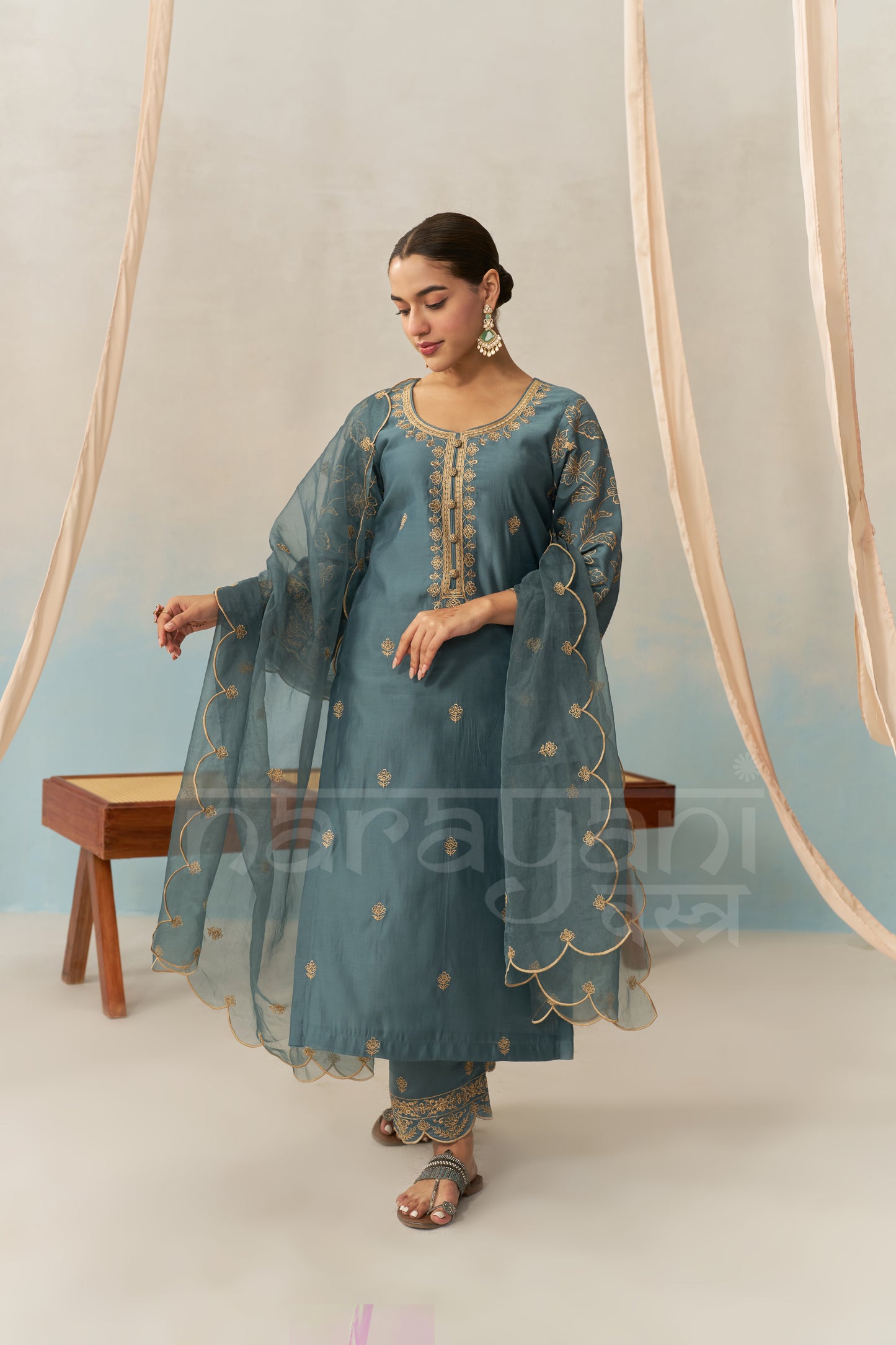 FARHIA - Teal Blue Chanderi Suit Set