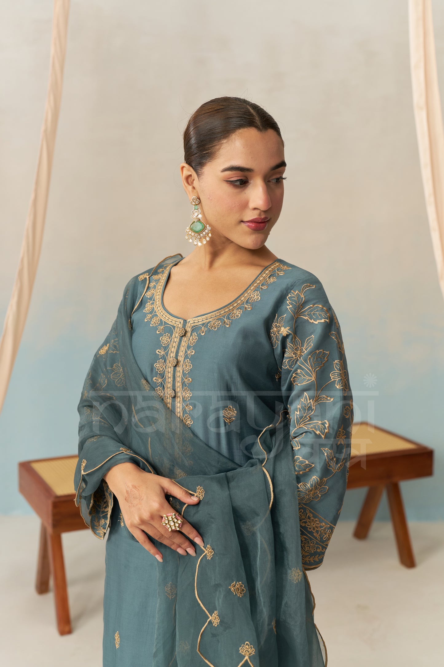 FARHIA - Teal Blue Chanderi Suit Set