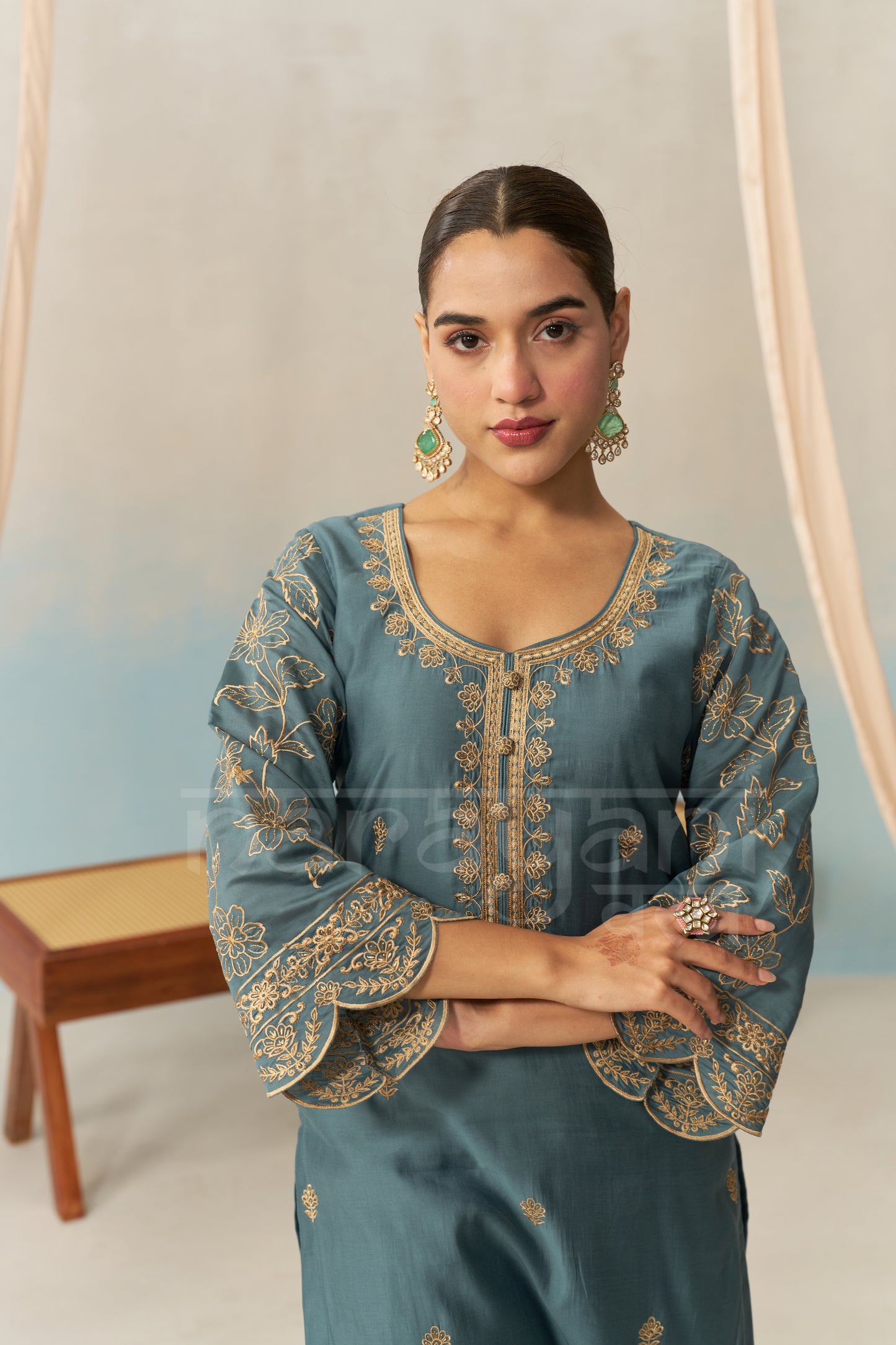 FARHIA - Teal Blue Chanderi Suit Set