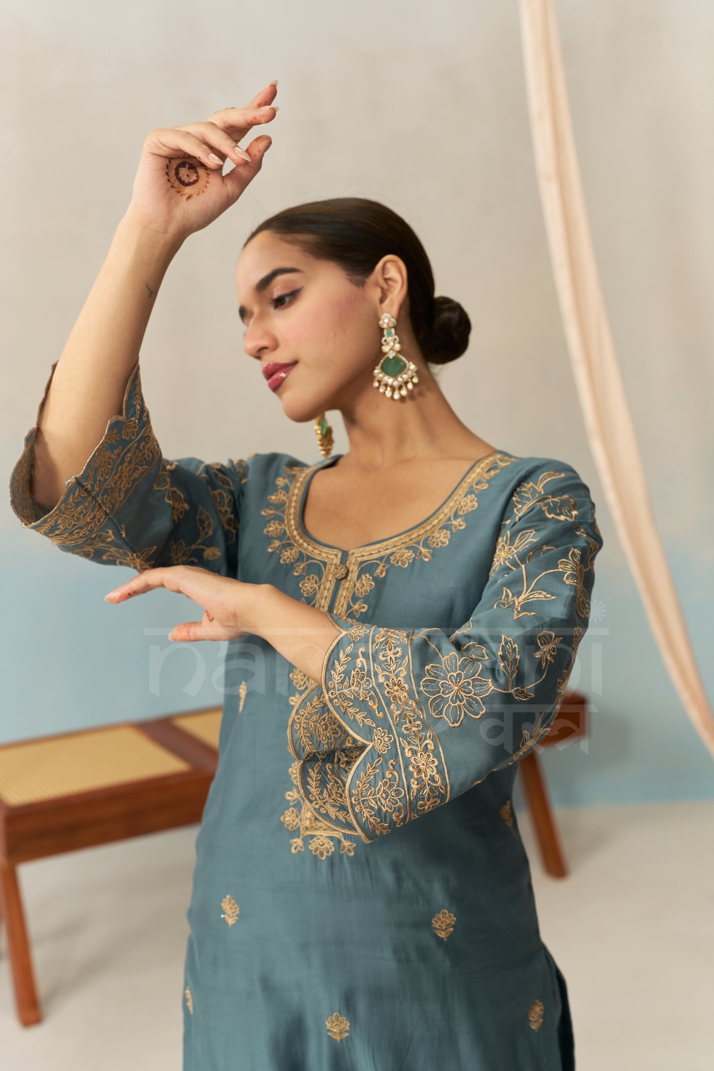 FARHIA - Teal Blue Chanderi Suit Set