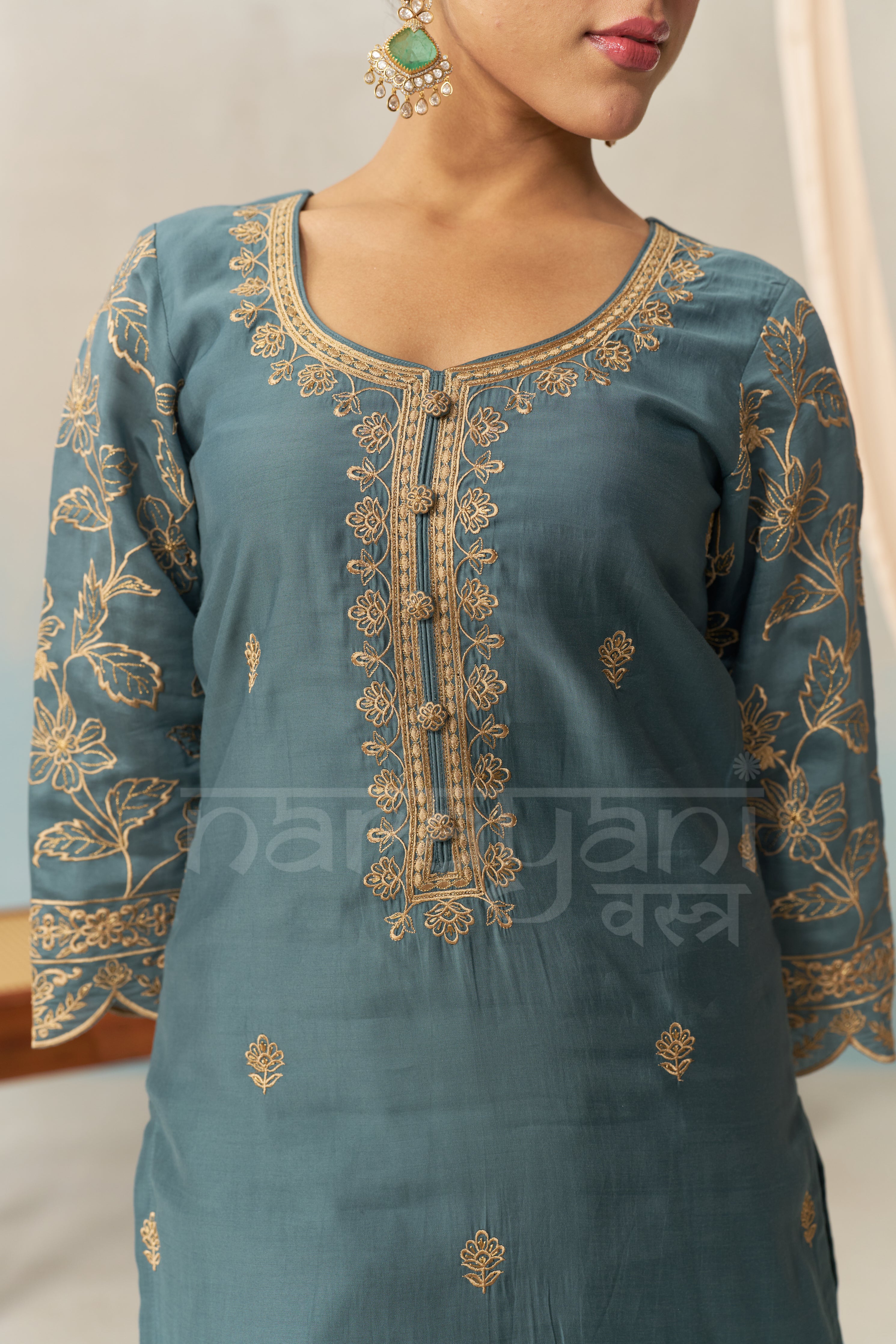 Nia Sharma in FARHIA - Teal Blue Chanderi Suit Set