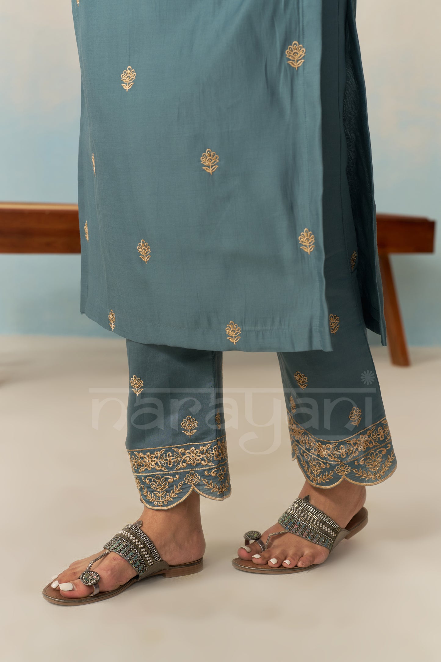 FARHIA - Teal Blue Chanderi Suit Set