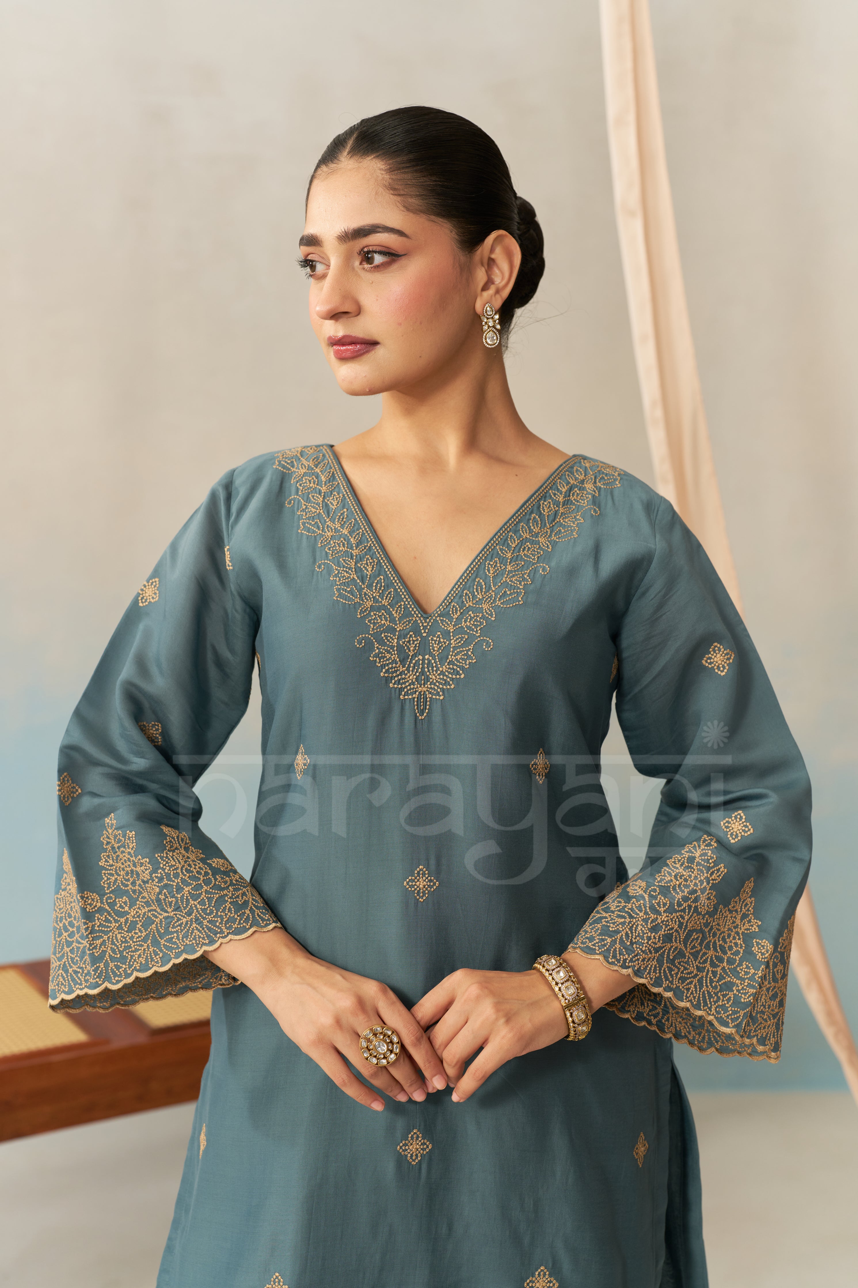 TARA - Teal Blue Chanderi Suit Set