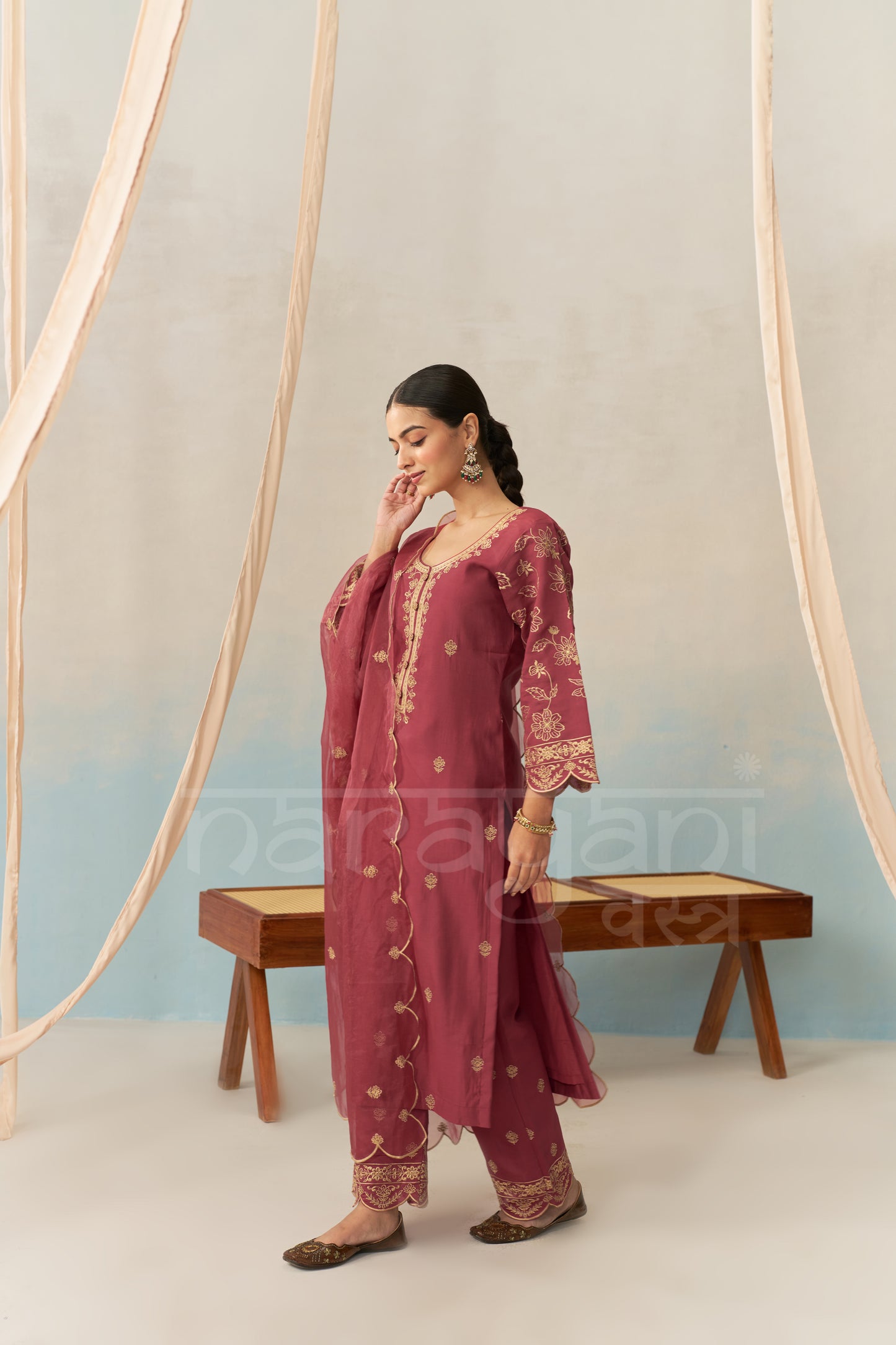 HUSNA - Burgundy Chanderi Suit Set