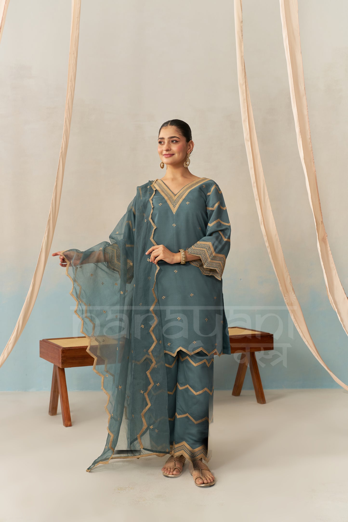 NURA - Teal Blue Chanderi Suit Set
