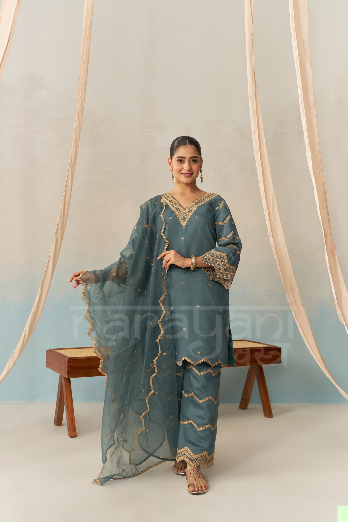 NURA - Teal Blue Chanderi Suit Set