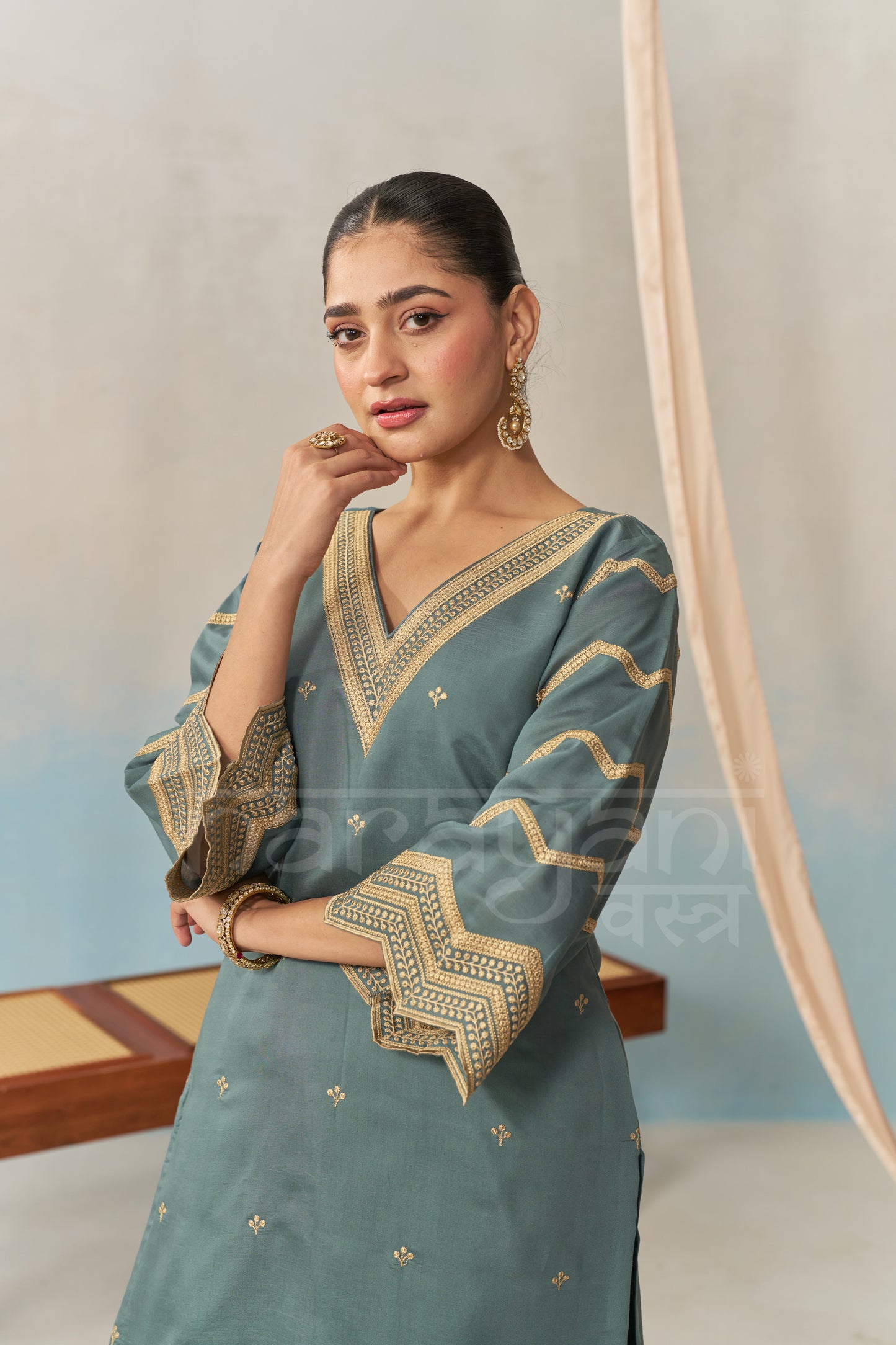 NURA - Teal Blue Chanderi Suit Set