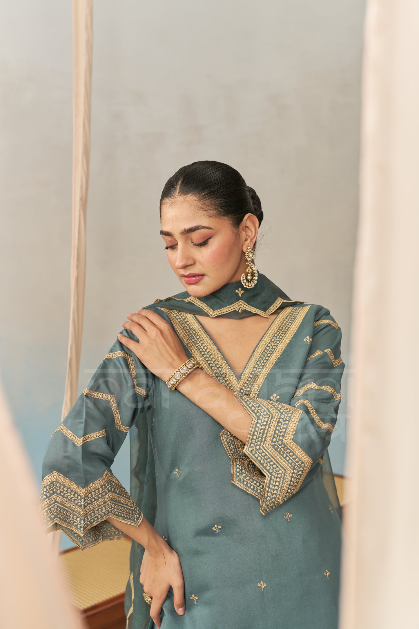 NURA - Teal Blue Chanderi Suit Set