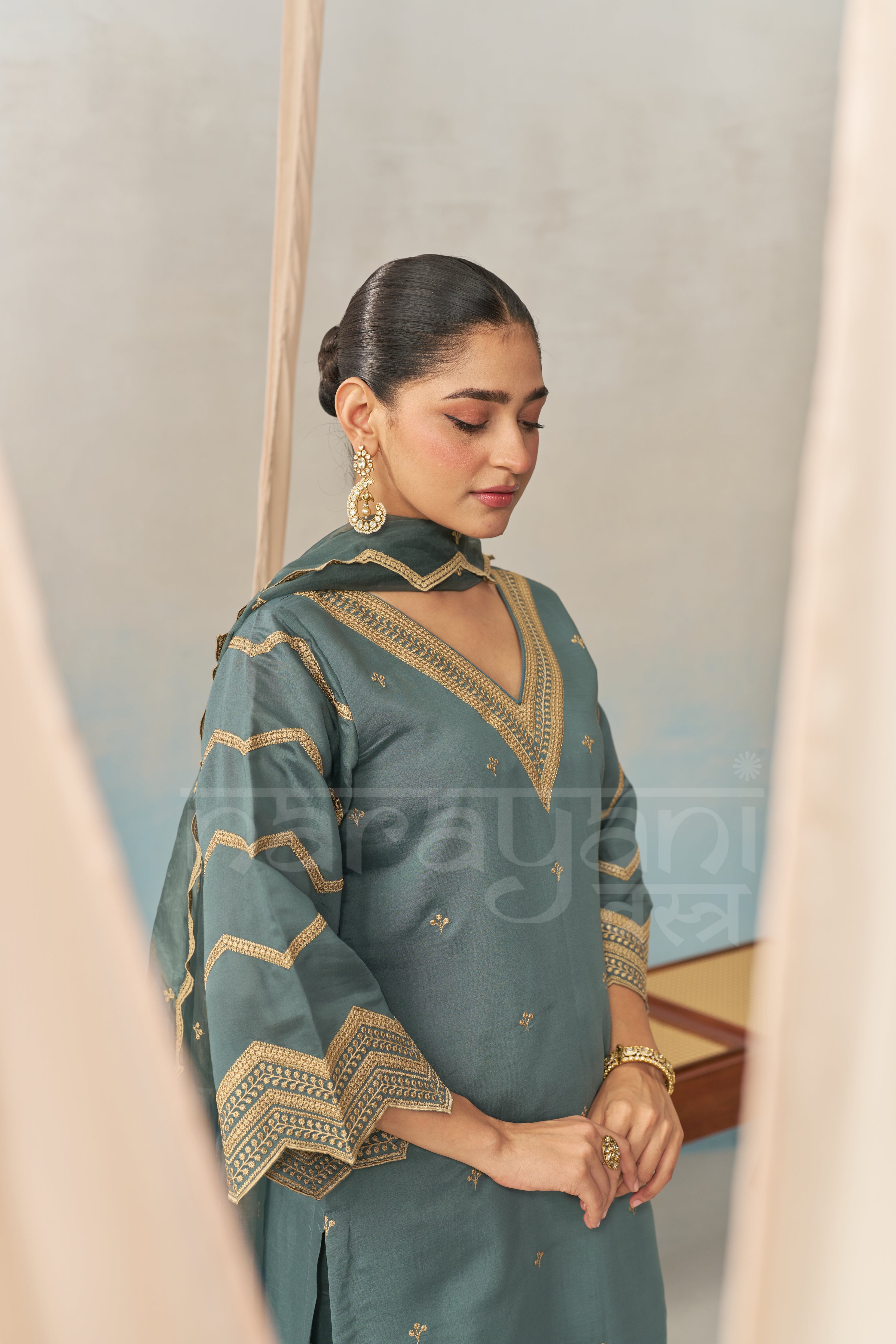 NURA - Teal Blue Chanderi Suit Set