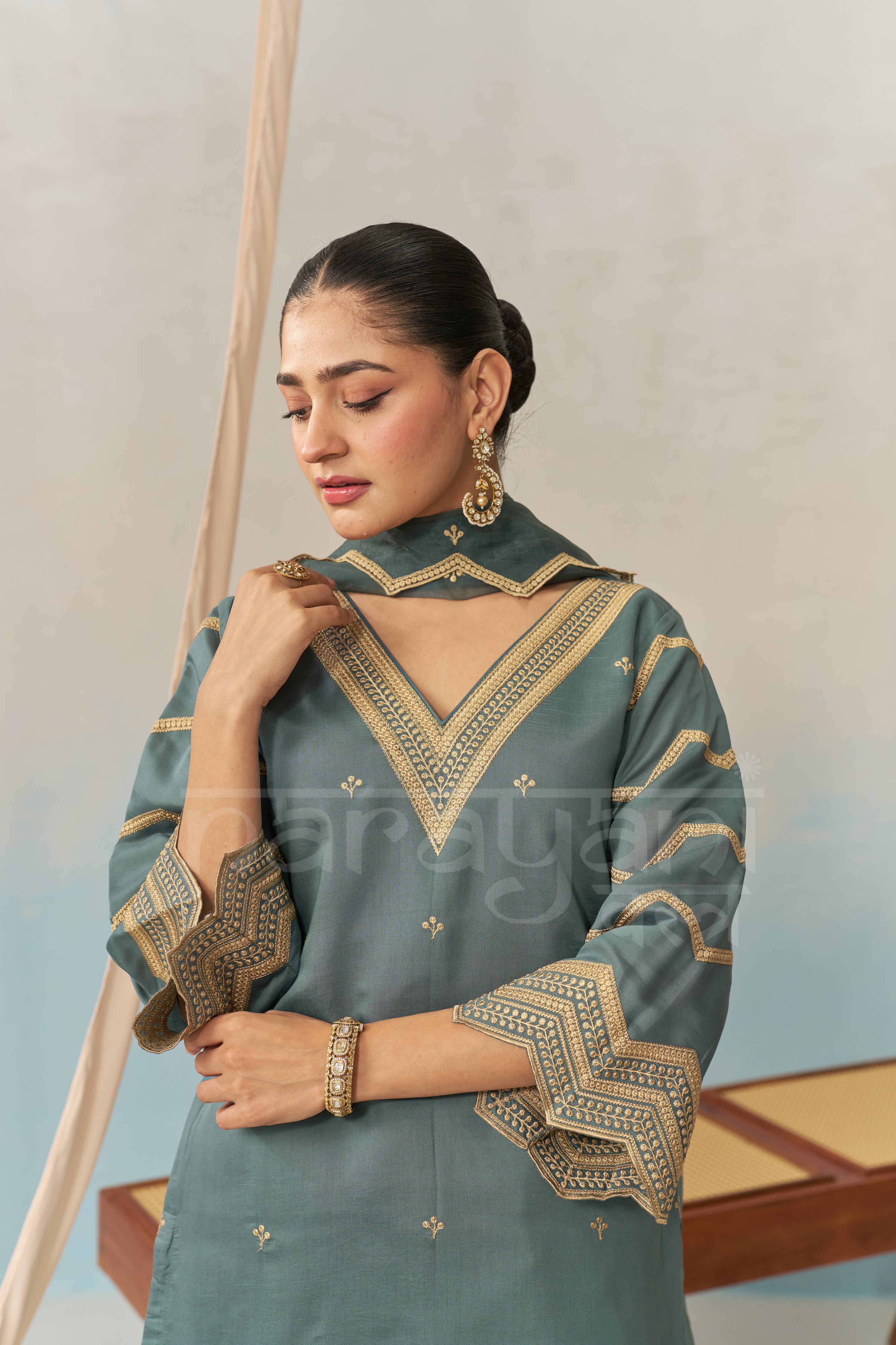 NURA - Teal Blue Chanderi Suit Set