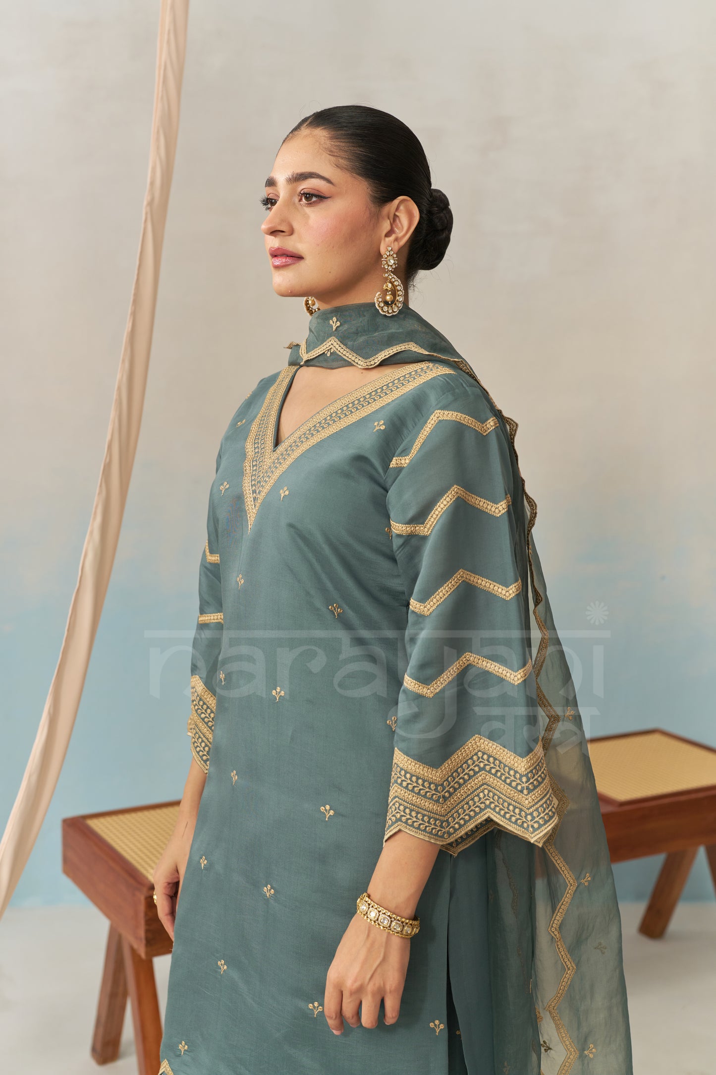 NURA - Teal Blue Chanderi Suit Set