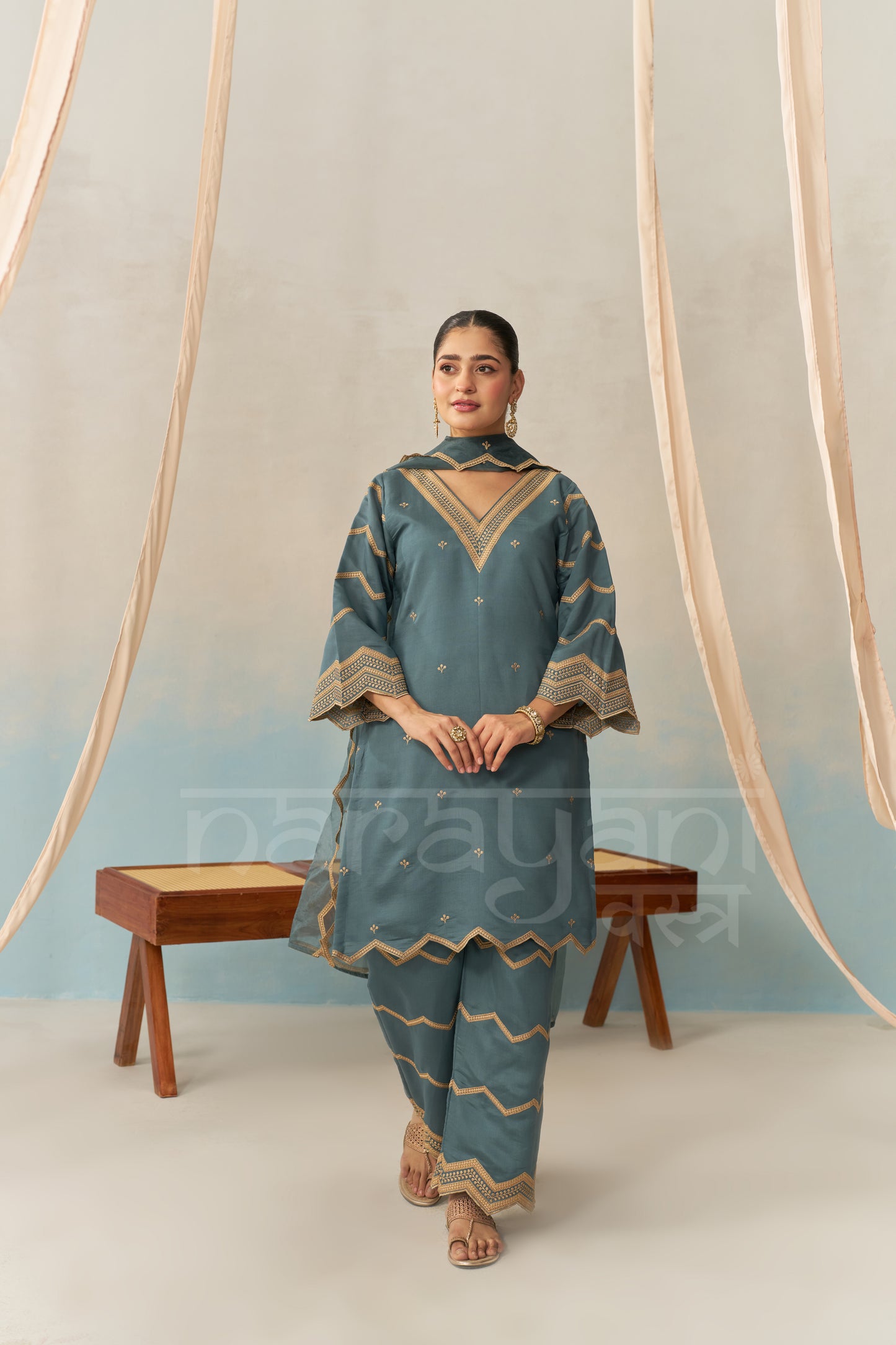 NURA - Teal Blue Chanderi Suit Set