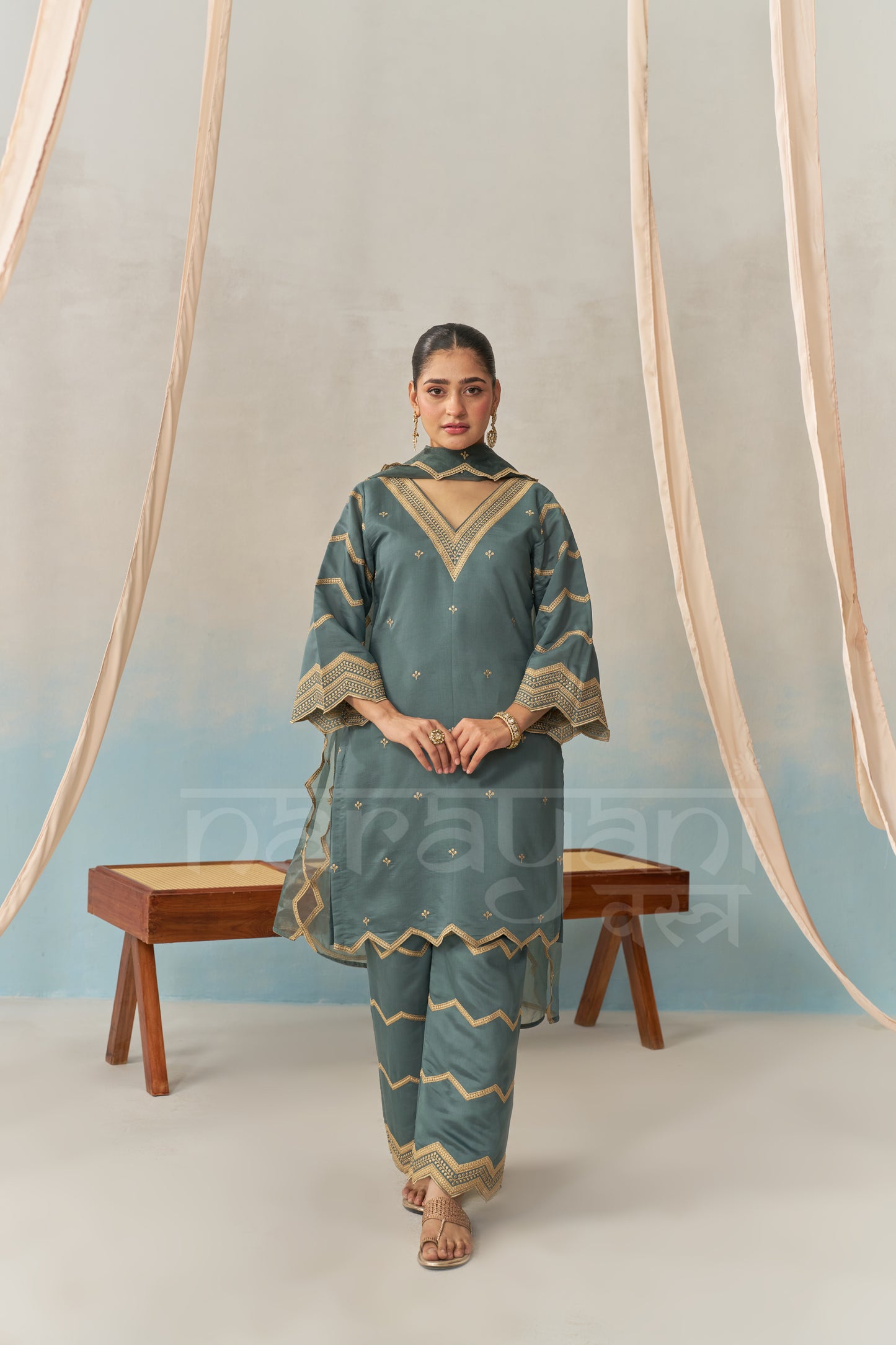 NURA - Teal Blue Chanderi Suit Set