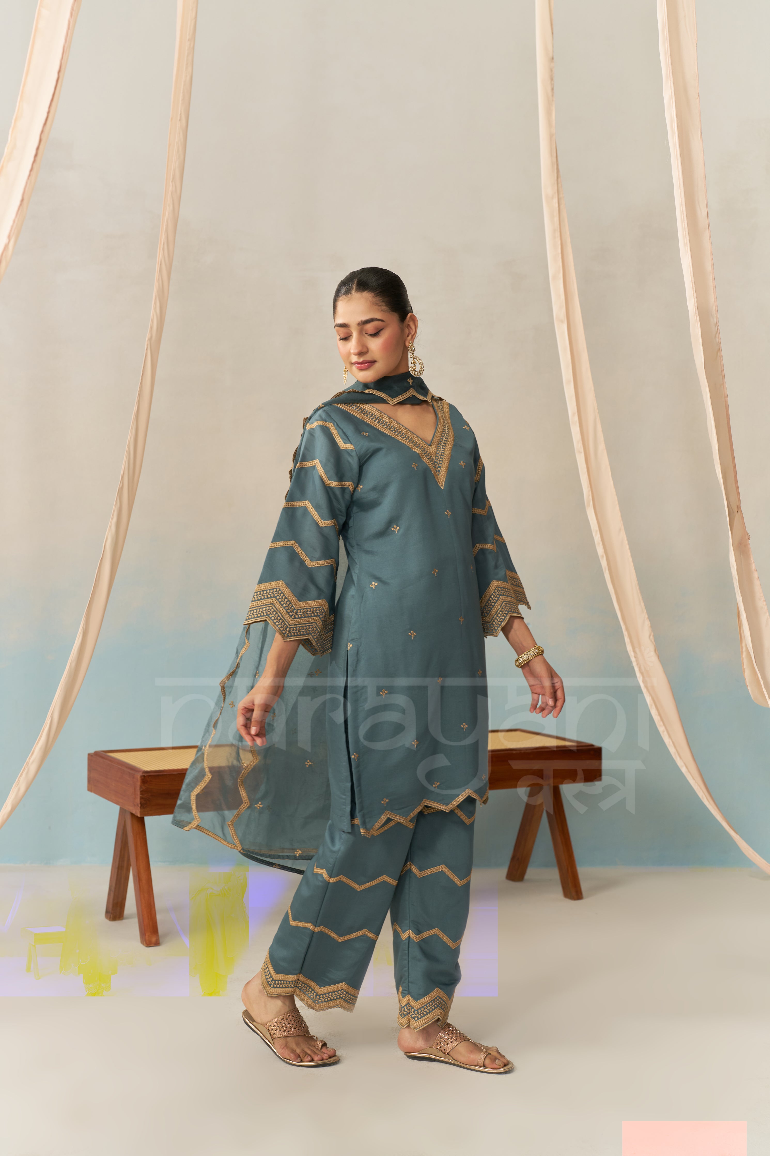NURA - Teal Blue Chanderi Suit Set